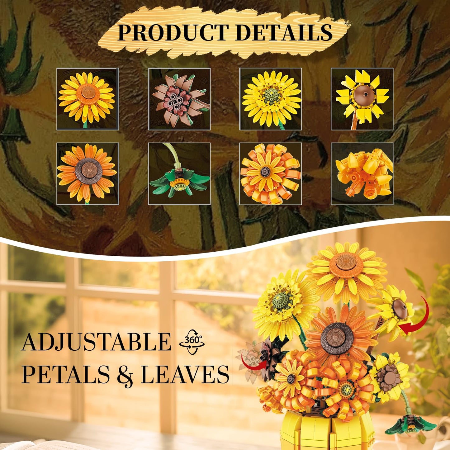 Van Gogh Sunflower Building Set, Adjustable Flowers Bouquet for Adults Teens, 1009PCS Botanical Collection Compatible with Lego, Home Decor, Gift