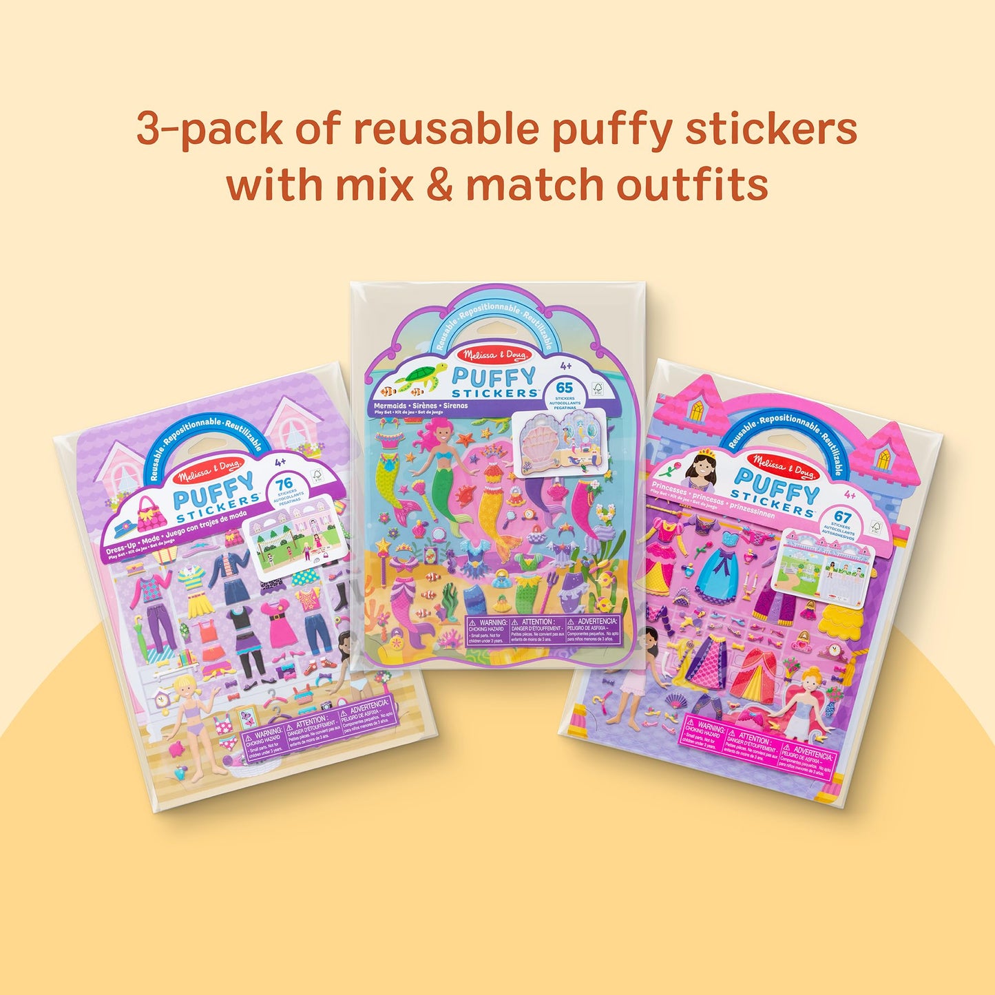 Melissa & Doug Puffy Sticker Activity Books Set of 3 - Dress-Up, Princess & Mermaid, with 208 Reusable Stickers and Fold-Out Scenes, Mess-Free Travel