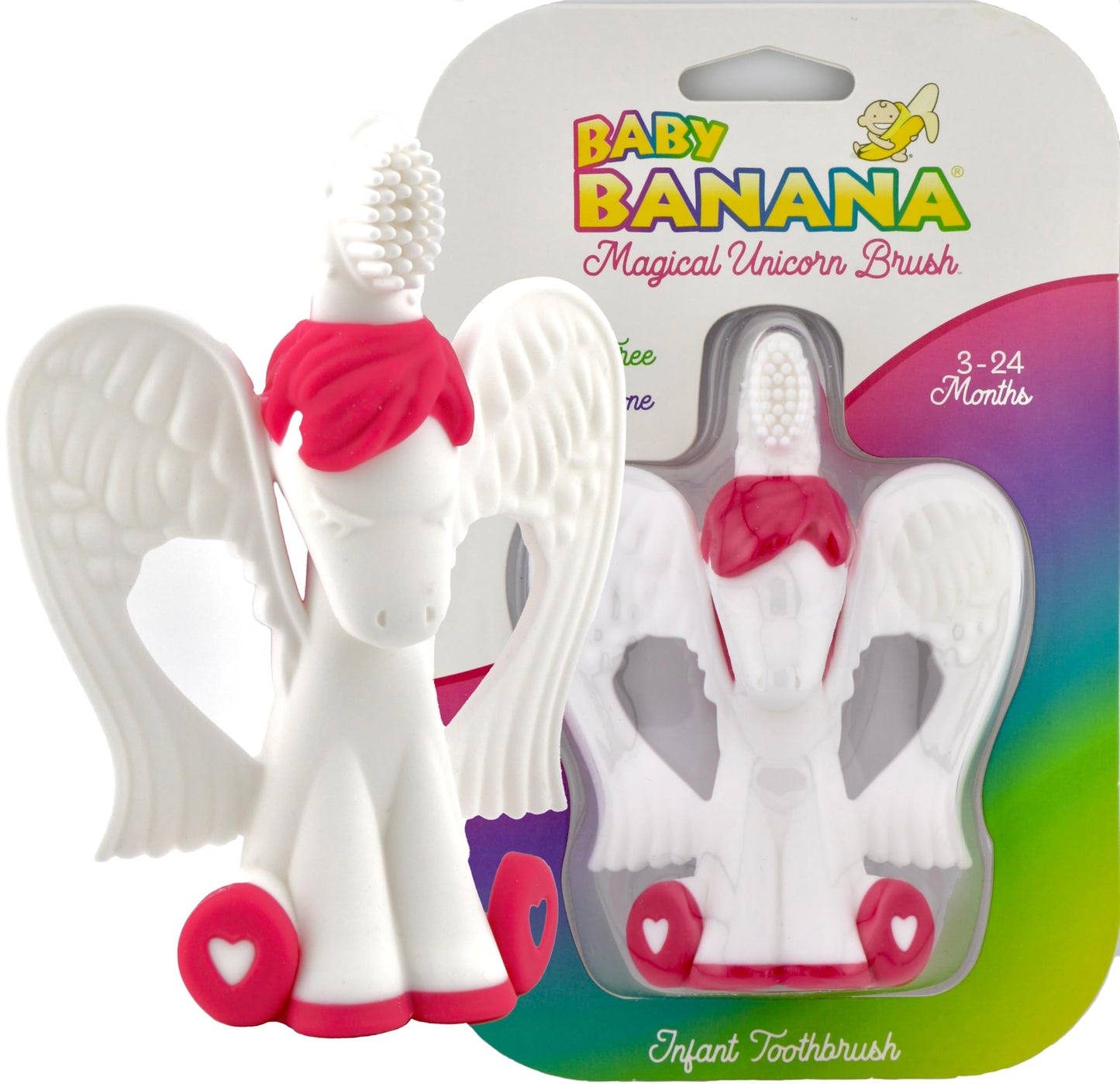 Baby Banana® Unicorn Toothbrush and Teether. Butter Soft Food Grade Bendable silcone with Feather bistles to gnaw on for All Baby Ages. Family-Owned