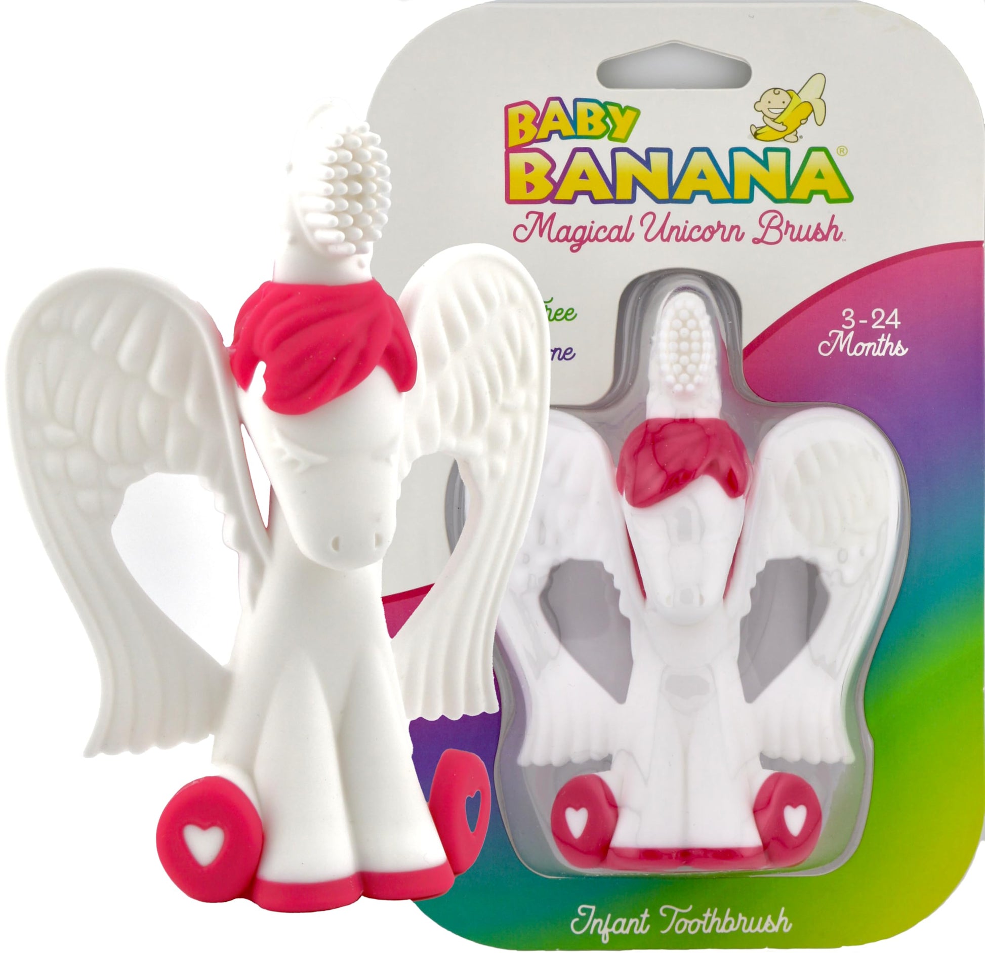 Baby Banana® Unicorn Toothbrush and Teether. Butter Soft Food Grade Bendable silcone with Feather bistles to gnaw on for All Baby Ages. Family-Owned