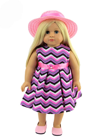 American Fashion World Chevron Pattern Dress for 18-Inch Dolls | Hat Included | Premium Quality & Trendy Design | Dolls Clothes | Outfit Fashions