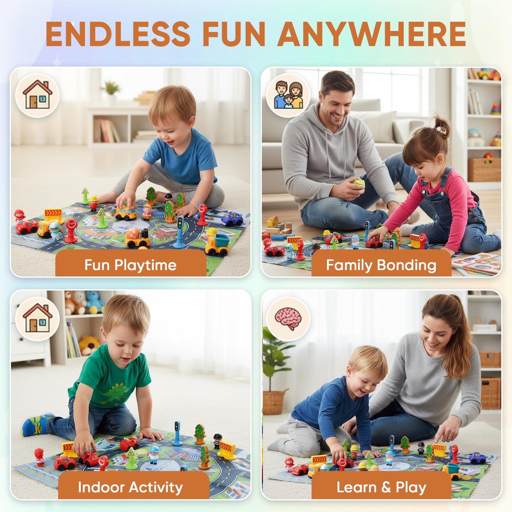Playkidiz Kids Toy Car Set with Road Play Mat, 26 PCS Play City Set with 6 Toy Cars, 10 Figures & 10 Traffic Accessories, City Playset for Toddlers