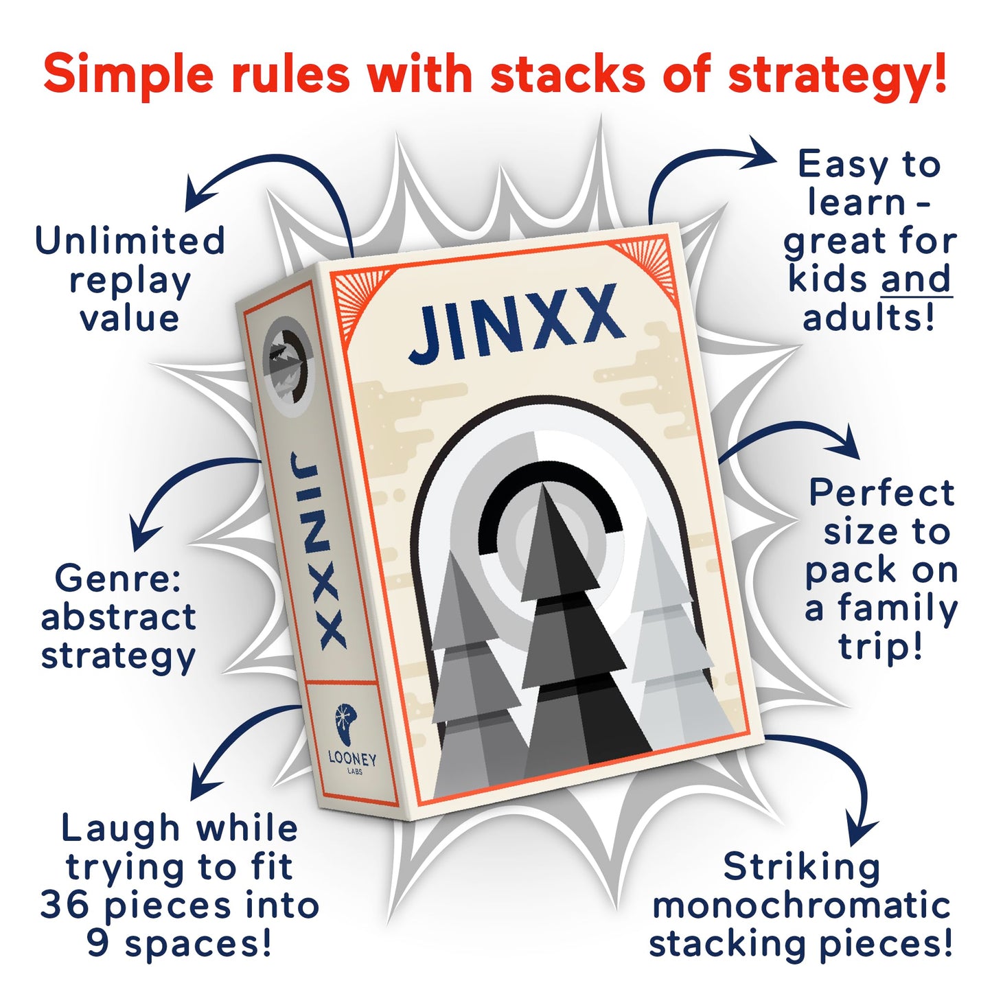 Looney Labs Jinxx - A Compact Abstract Strategy Game for 2-4 Players, Featuring Stackable Pyramids