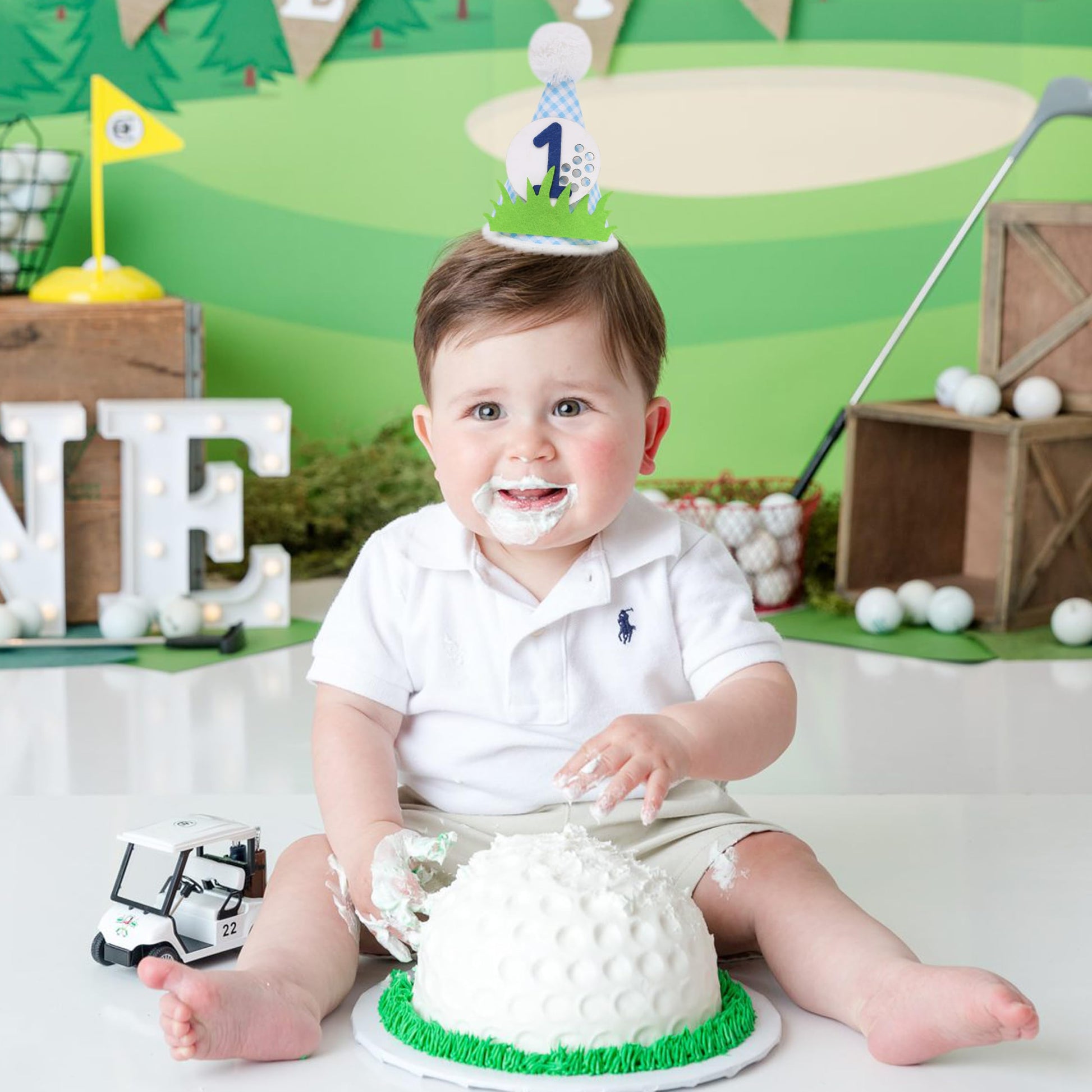WUTKYAX Boys 1st Birthday Golf Hat - Hole In One Decorations, Kids Sports Party Photo Props, First Theme Party Crown, Little Cone Hat