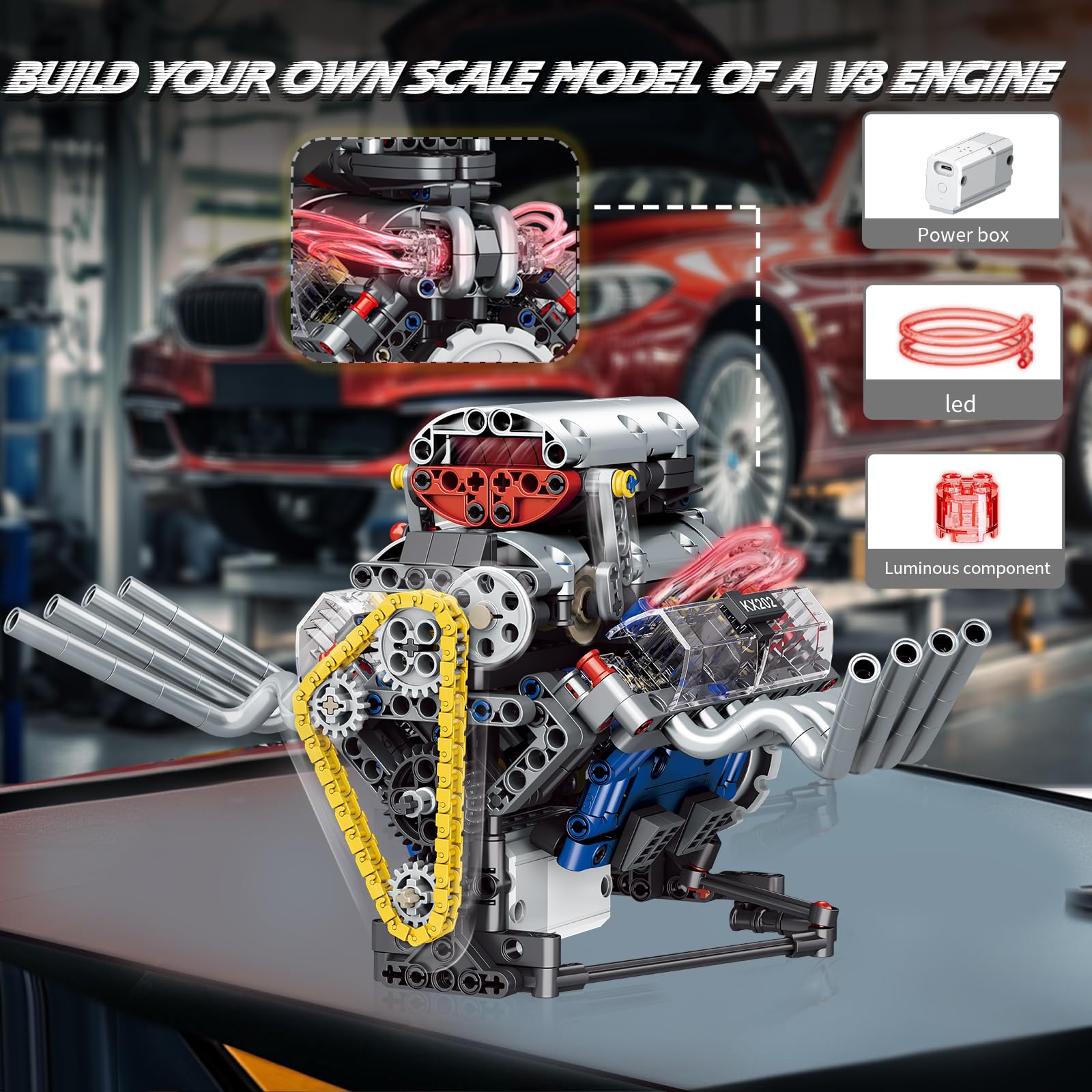 BYTLK V8 Engine Building Set,Build Your Own Mini Engine that Works, Physical Science Experiment Toy for Adults, Home or Office Décor (665 Pcs)