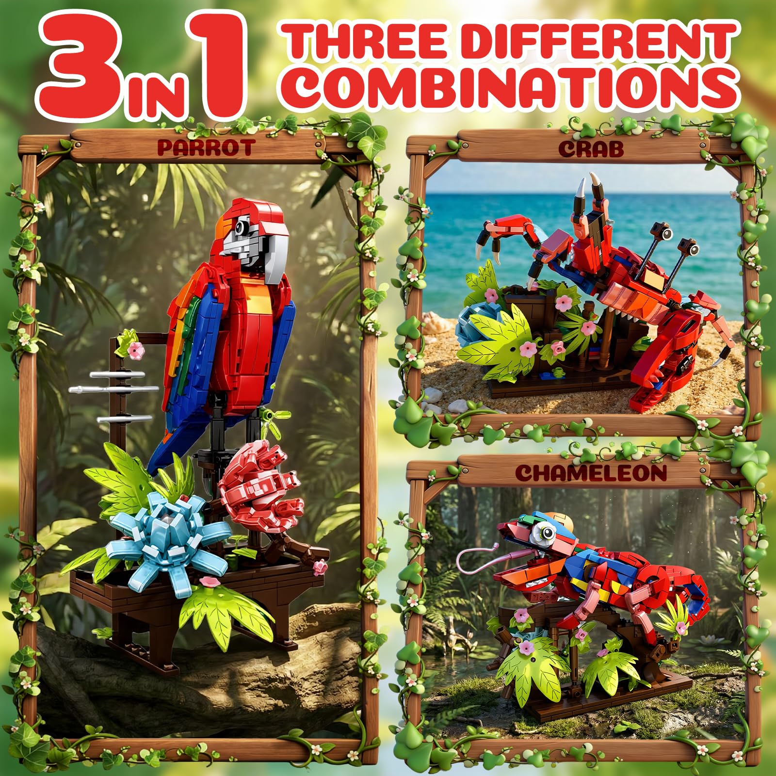APENGBAOL 3-in-1 Parrot Building Sets 538 PCS Chameleon & Crab Animal Model with Flowers Creative Bird Construction Kit for Adults Nature Display Gift