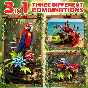 APENGBAOL 3-in-1 Parrot Building Sets 538 PCS Chameleon & Crab Animal Model with Flowers Creative Bird Construction Kit for Adults Nature Display Gift