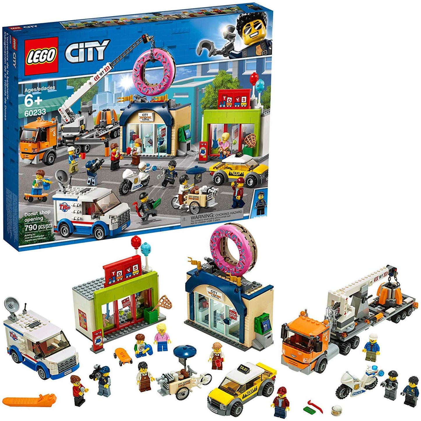 LEGO City Donut Shop Opening 60233 Store Opening Build and Play with Toy Taxi, Van and Truck with Crane, Easy Build with Minifigures for Boys