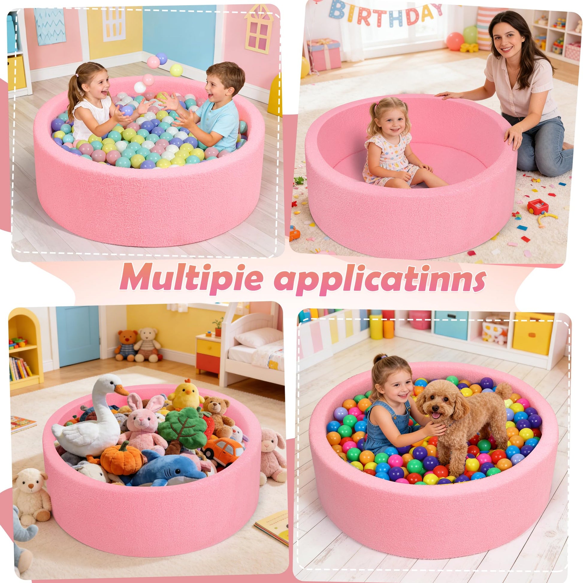 Imitation Teddy Foam Ball Pits 35.4"x 11.8" Soft Round Playpen for Toddlers and Pets with Soft Memory Sponge for Babies Indoor and Outdoor Game Pink
