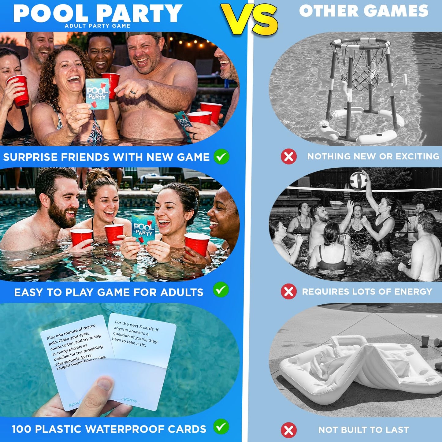 Pool Party Adult Party Game, Waterproof Card Game for Adults, Fun Pool Games for Adult, Best Pool Toys and Pool Accessories for Summer, 100 Cards