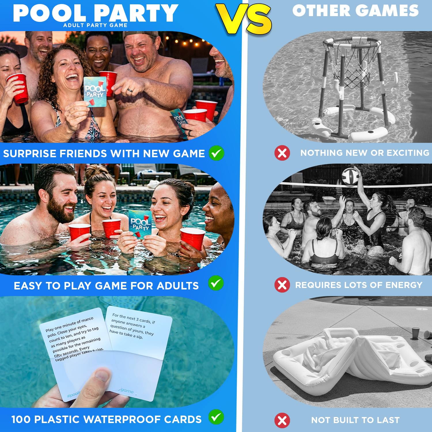 Pool Party Adult Party Game, Waterproof Card Game for Adults, Fun Pool Games for Adult, Best Pool Toys and Pool Accessories for Summer, 100 Cards