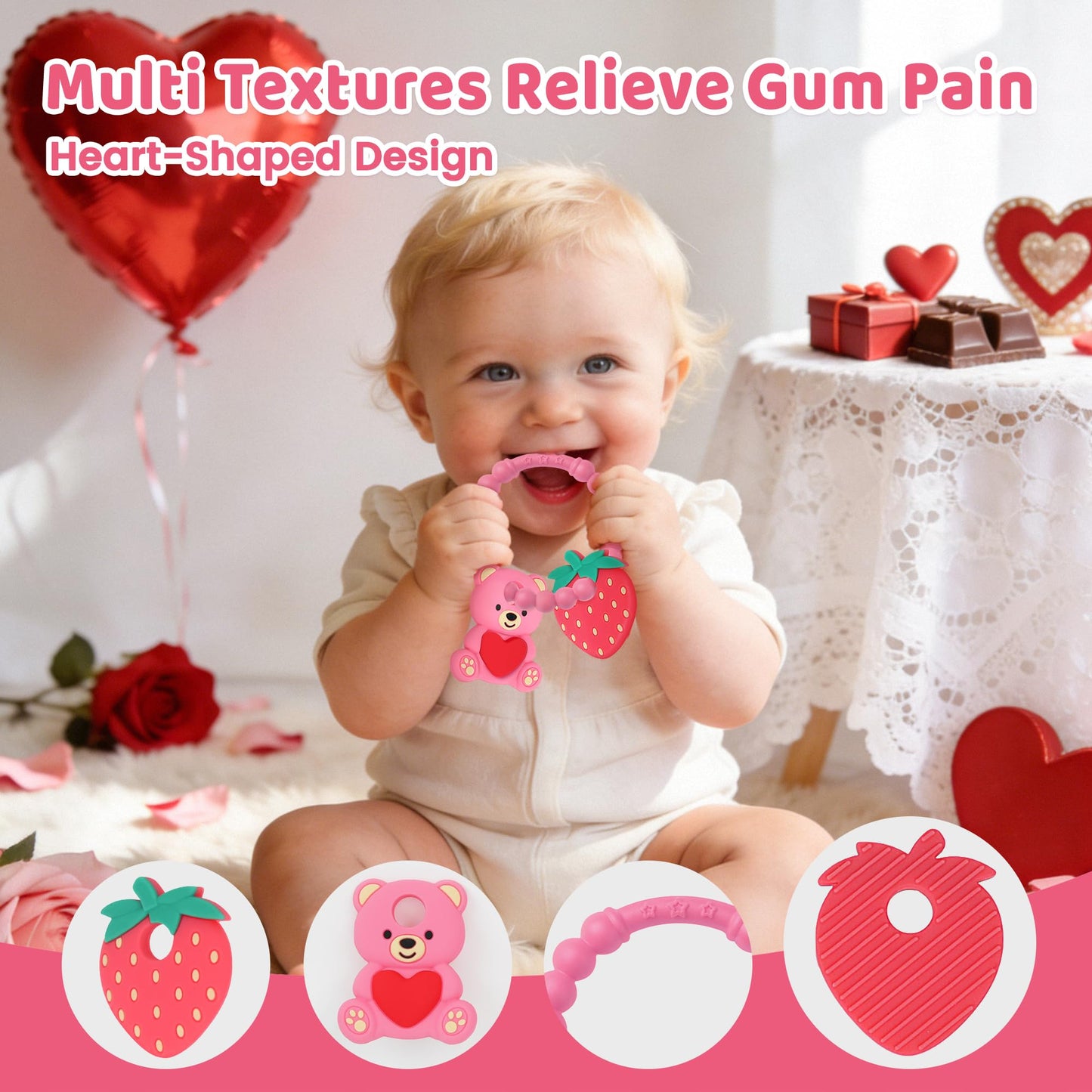 Baby Teething Toys, Baby Valentines Day Gifts, Valentines Gifts for Toddlers, Baby's Valentine Teether Toys with Heart Shape for Infants 3-12 Months