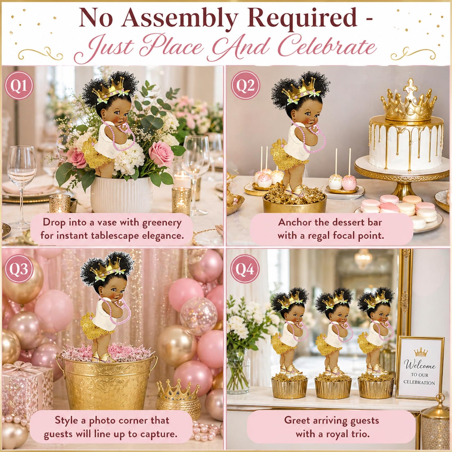 ArtPaperWonders Gold Princess Centerpieces 3 Piece Set - 10 Inch Double-Sided on Sticks - African American Royal Baby Shower Birthday Table