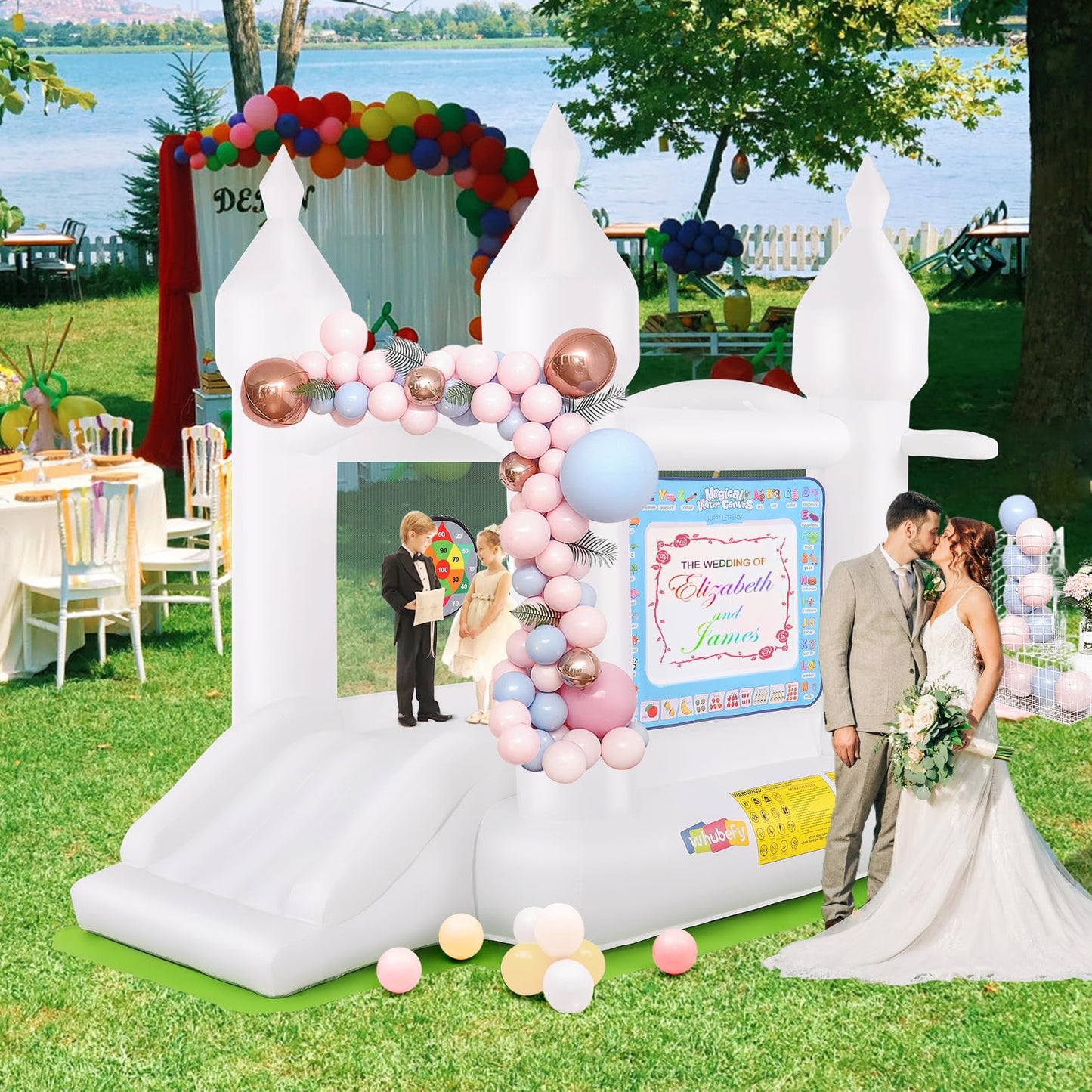 White Inflatable Bounce House for Kids, Blow Up Backyard Bouncy Castle with Slide, Water Doodle Mat, Basketball Hoop, Target & Balloons (White Bounce