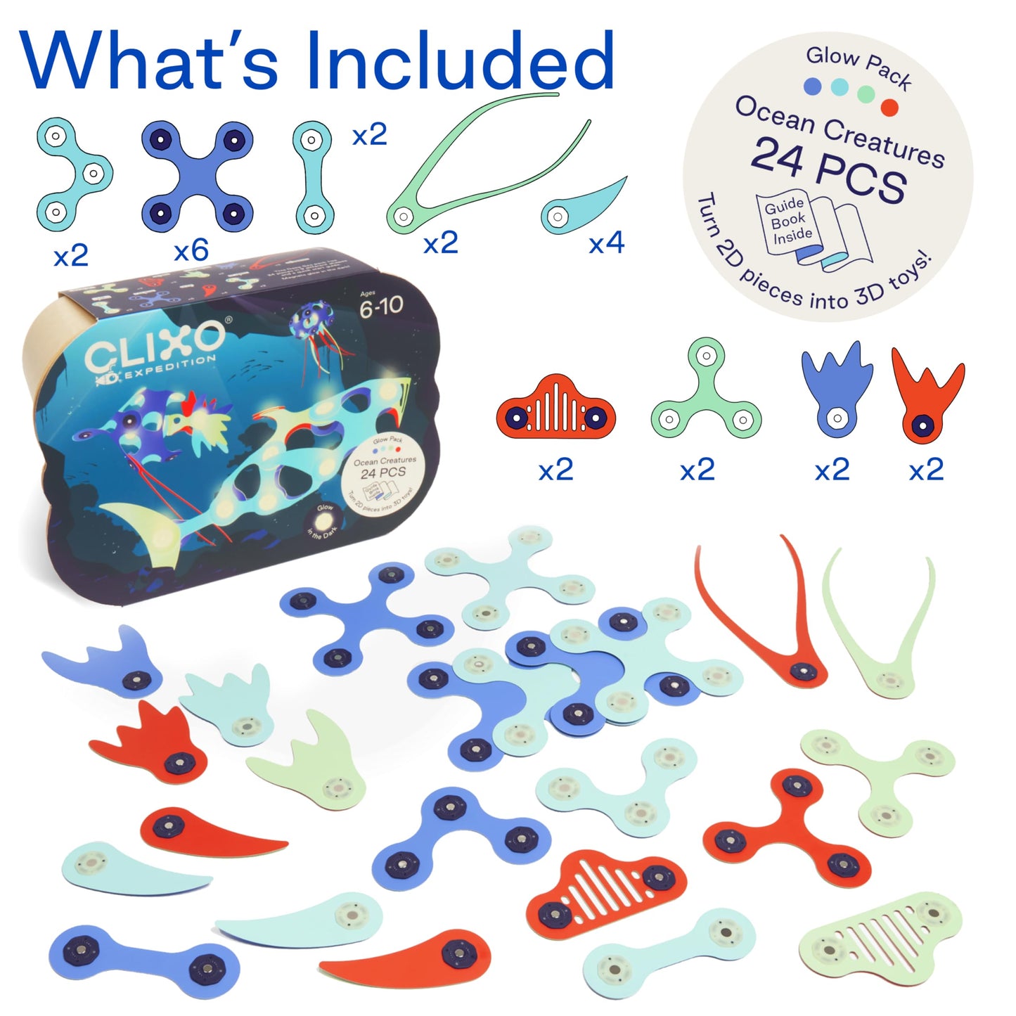 Clixo Ocean Creatures Pack - Glow-in-The-Dark Magnetic Building Toy - 24 Flexible Magnet Pieces for Underwater Adventure. Imaginative STEM Toy. Screen