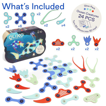 Clixo Ocean Creatures Pack - Glow-in-The-Dark Magnetic Building Toy - 24 Flexible Magnet Pieces for Underwater Adventure. Imaginative STEM Toy. Screen