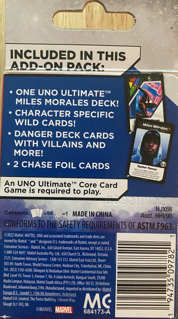 UNO Ultimate Marvel Card Game Add-On Pack with Ultimate Spider-Man Miles Morales Character Deck & 2 Collectible Foil Cards, Vary