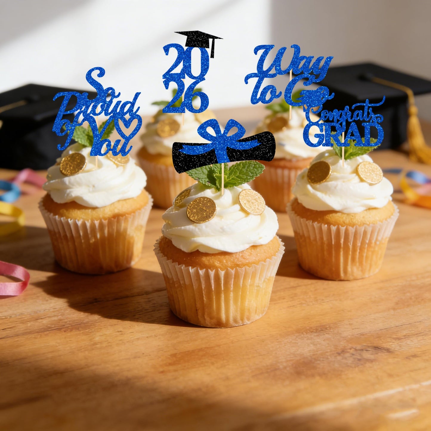 Graduation Decorations 2026 Blue, Graduation Cupcake Toppers 2026 Blue Black, Glitter Class of 2026 Cupcake Toppers Supplies, Class of 2026 Congrats