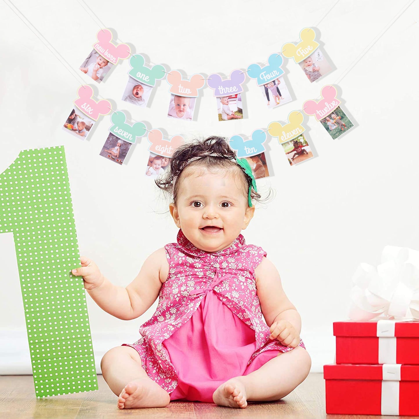 Mouse 12 Months Photo Banner - Pastel Rainbow First Birthday Photo Garland, Happiest Birthday on Earth Banner, Mouse Party Decor, Mouse Monthly