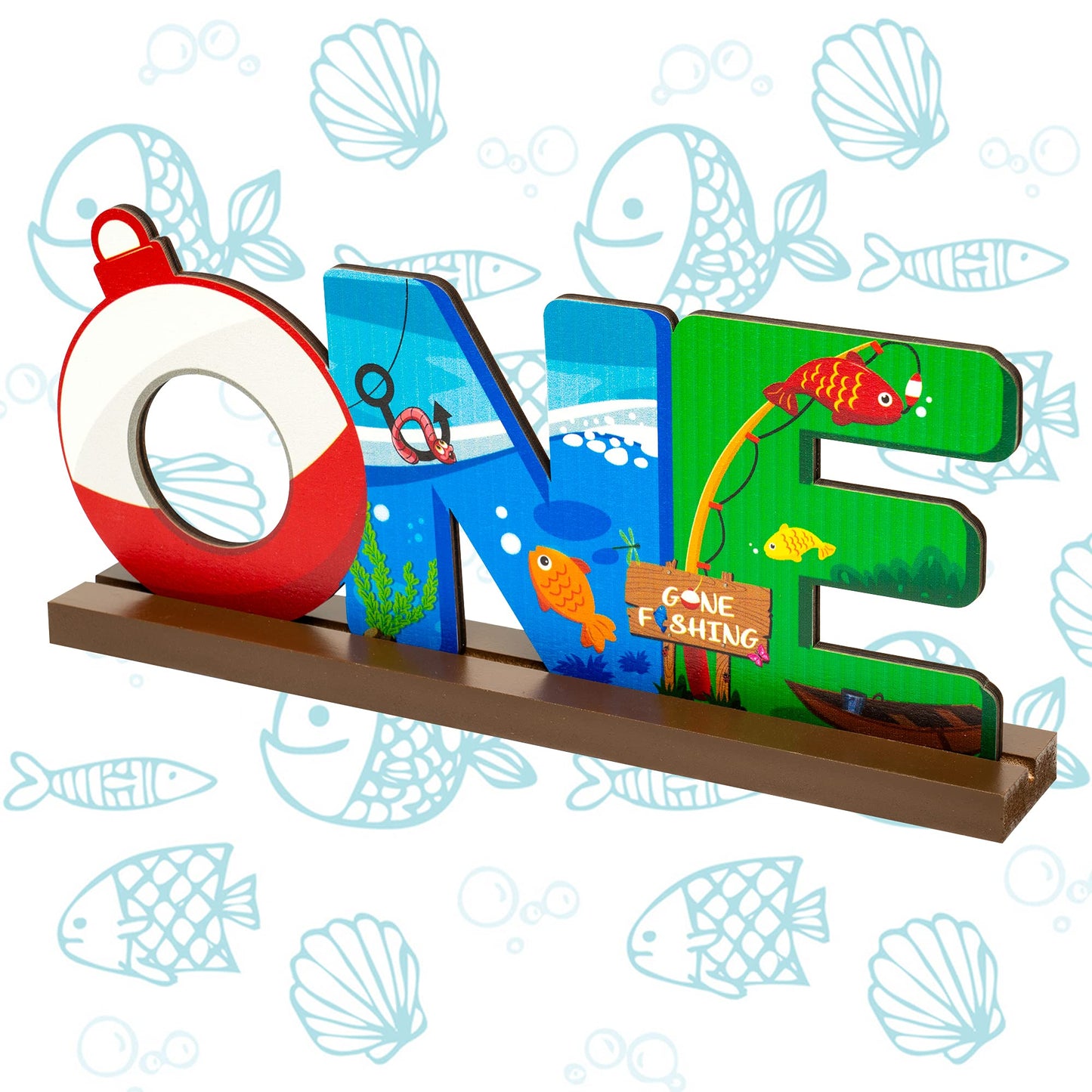 Haooryx Fishing One Table Wooden Centerpiece - One Year Old Baby Boys Birthday Party Letter Sign Table Decoration Summer Fishing Theme Party Supplies