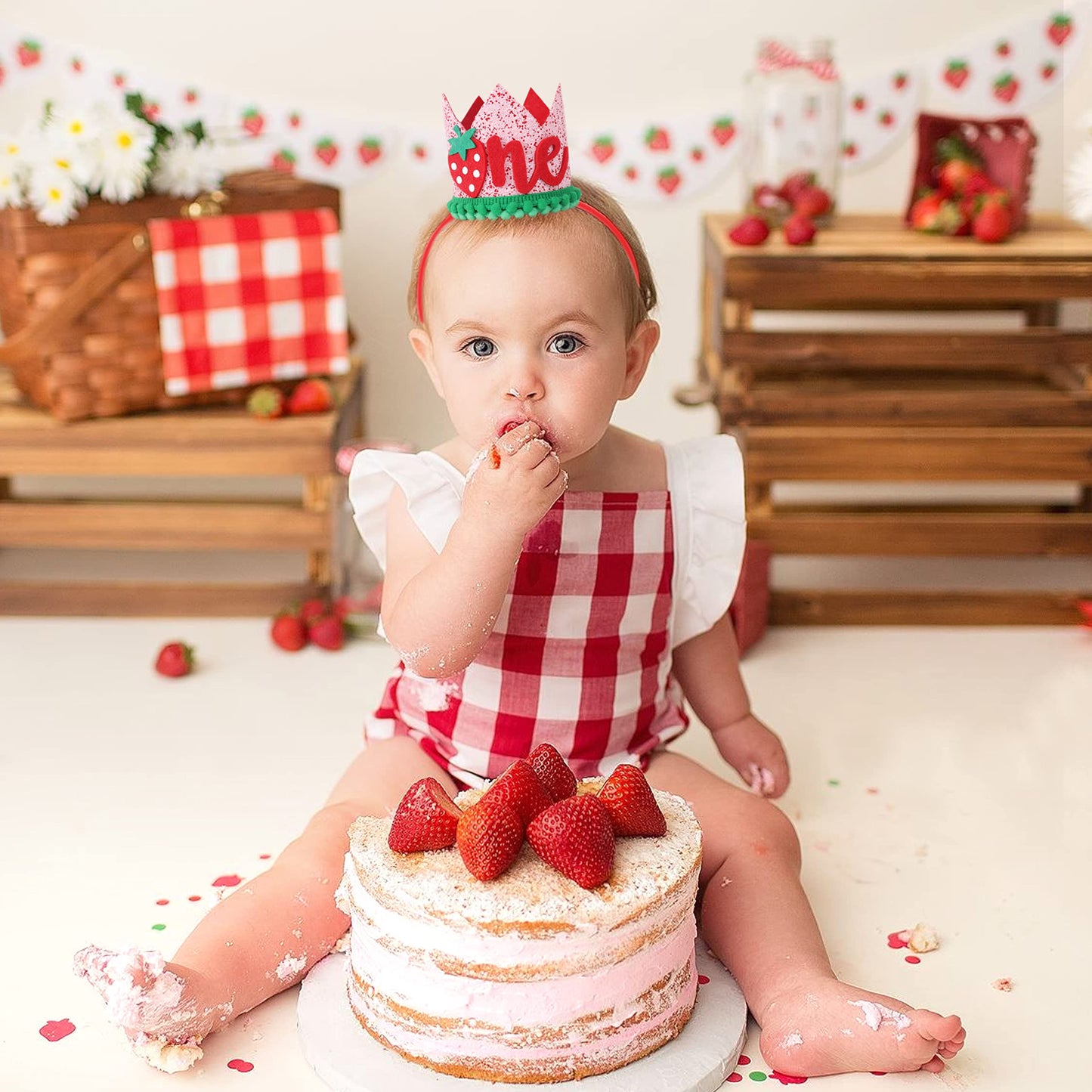 EPSEED Girl's First Birthday Strawberry Crown Hat - Fruity 1st Birthday Party Decoration, Cake Smash Accessory
