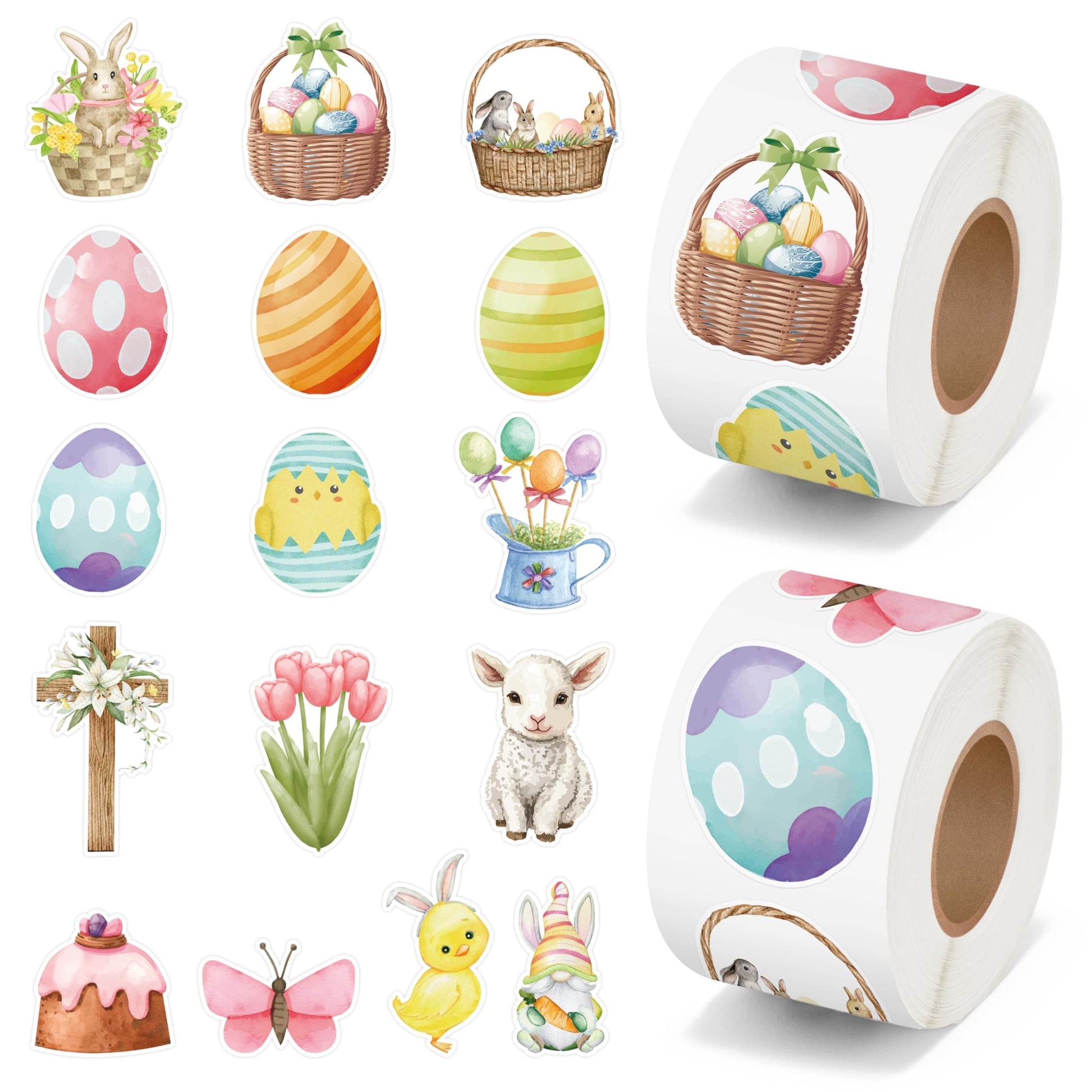 5wsech Cute Watercolor Roll Stickers - 1000Pcs Colorful Egg Flower Chick Bunny Aesthetic Vinyl Stickers for Kids, Happy Easter Party Gift Waterproof