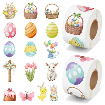 5wsech Cute Watercolor Roll Stickers - 1000Pcs Colorful Egg Flower Chick Bunny Aesthetic Vinyl Stickers for Kids, Happy Easter Party Gift Waterproof