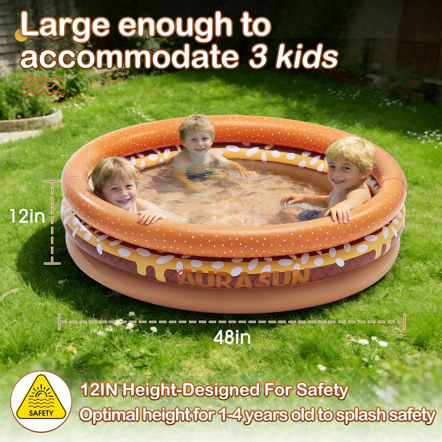 Inflatable Baby Pool Small Kiddie Swimming Pool, 3 Rings Round Pad Pool for Kids & Toddler, 48"X12" Portable Indoor Ball Pit Toys, Outdoor Water Play