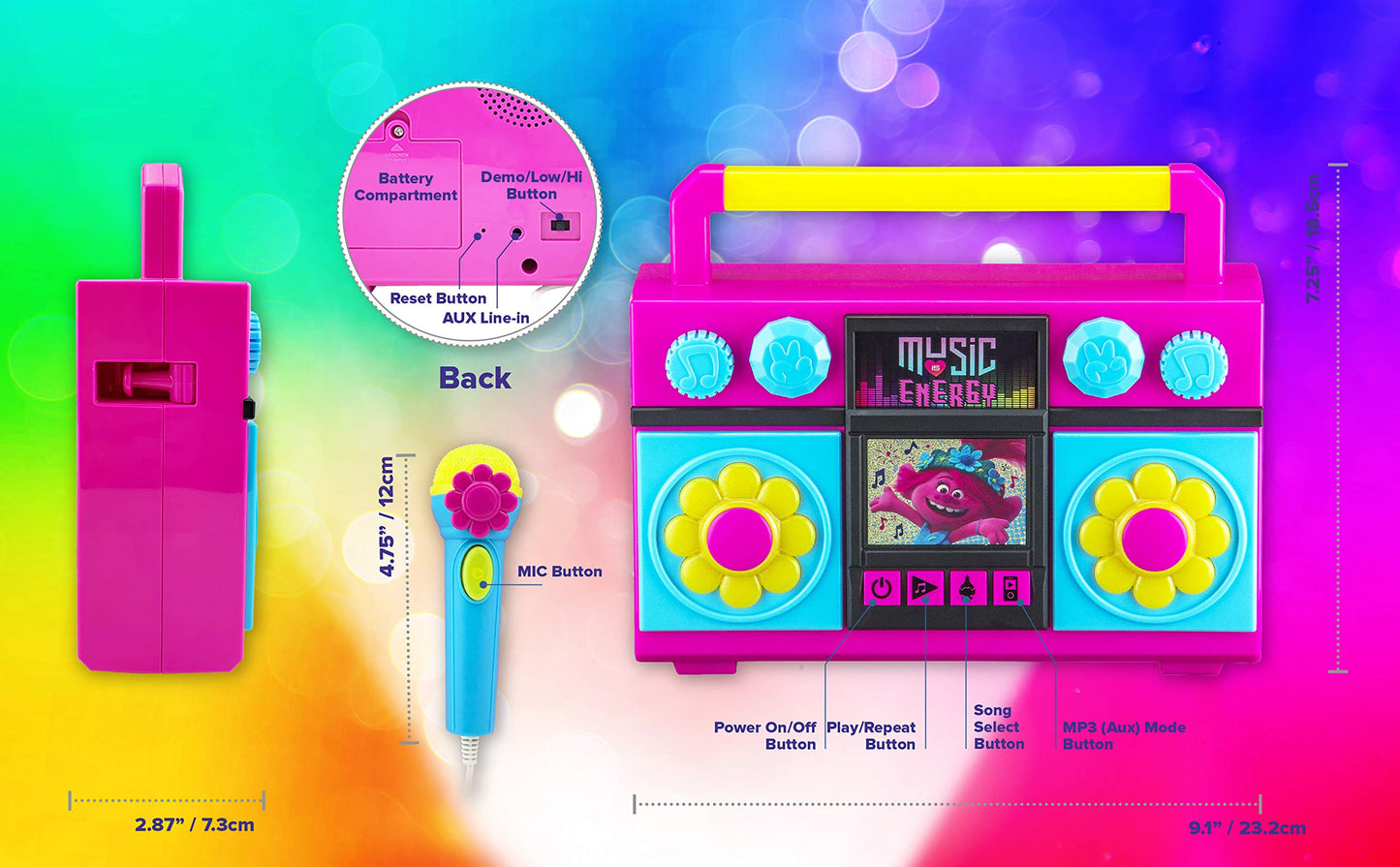 ekids Trolls World Tour Sing Along Boom Box Speaker with Microphone for Fans of Trolls Toys for Girls, Kids Karaoke Machine with Built in Music and
