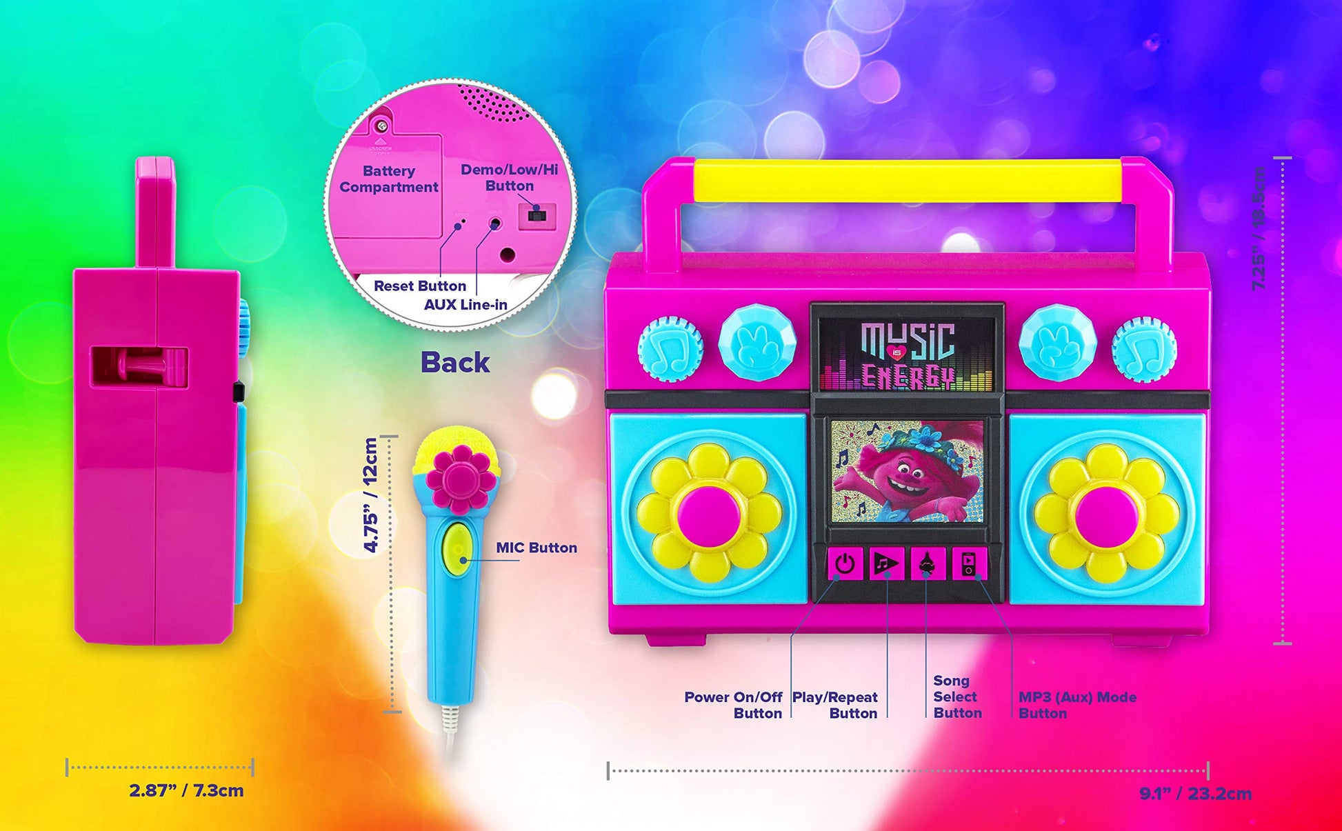 ekids Trolls World Tour Sing Along Boom Box Speaker with Microphone for Fans of Trolls Toys for Girls, Kids Karaoke Machine with Built in Music and