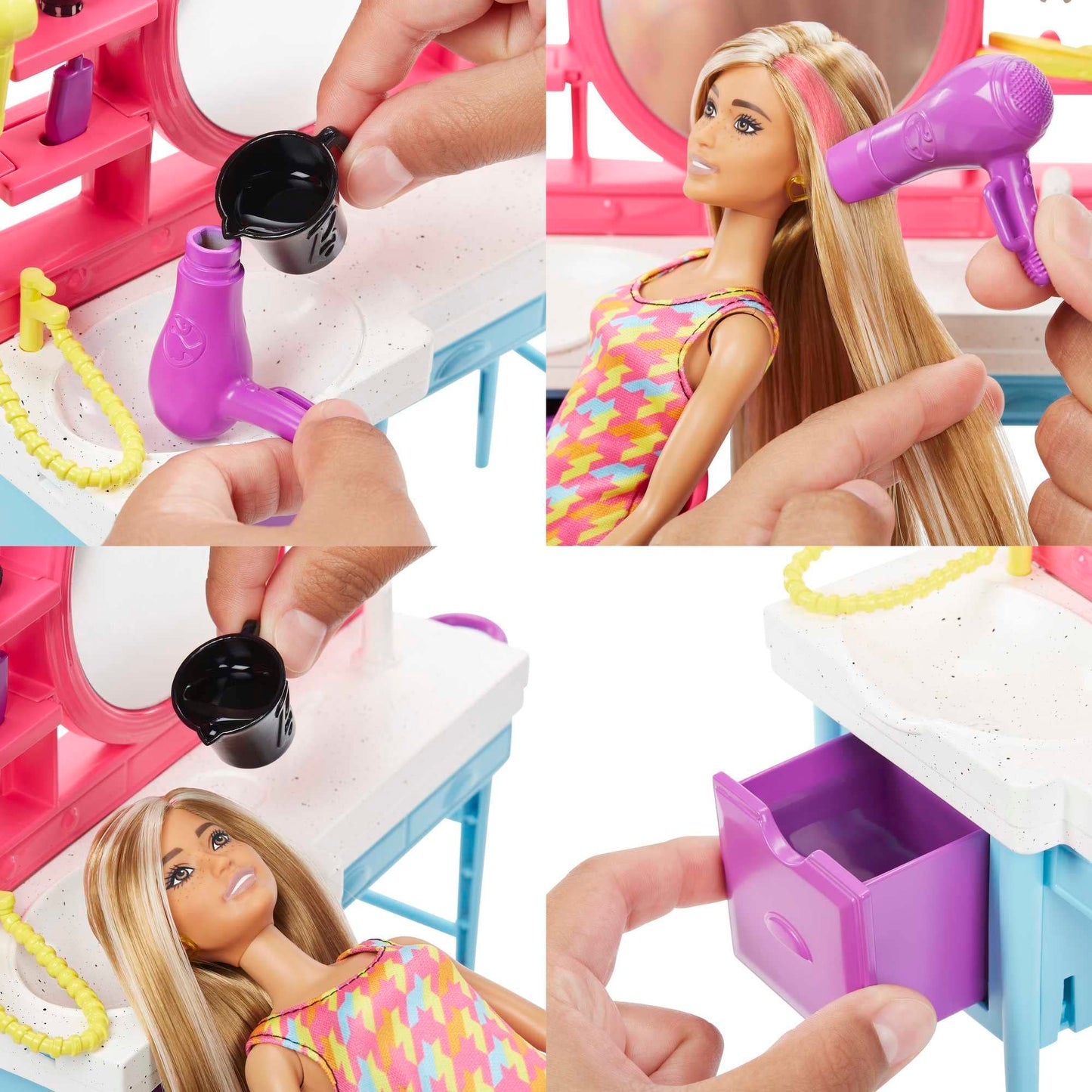 Barbie Doll & Hair Salon Playset with 15 Styling Accessories & Furniture, Long Color-Change Hair & Printed Dress