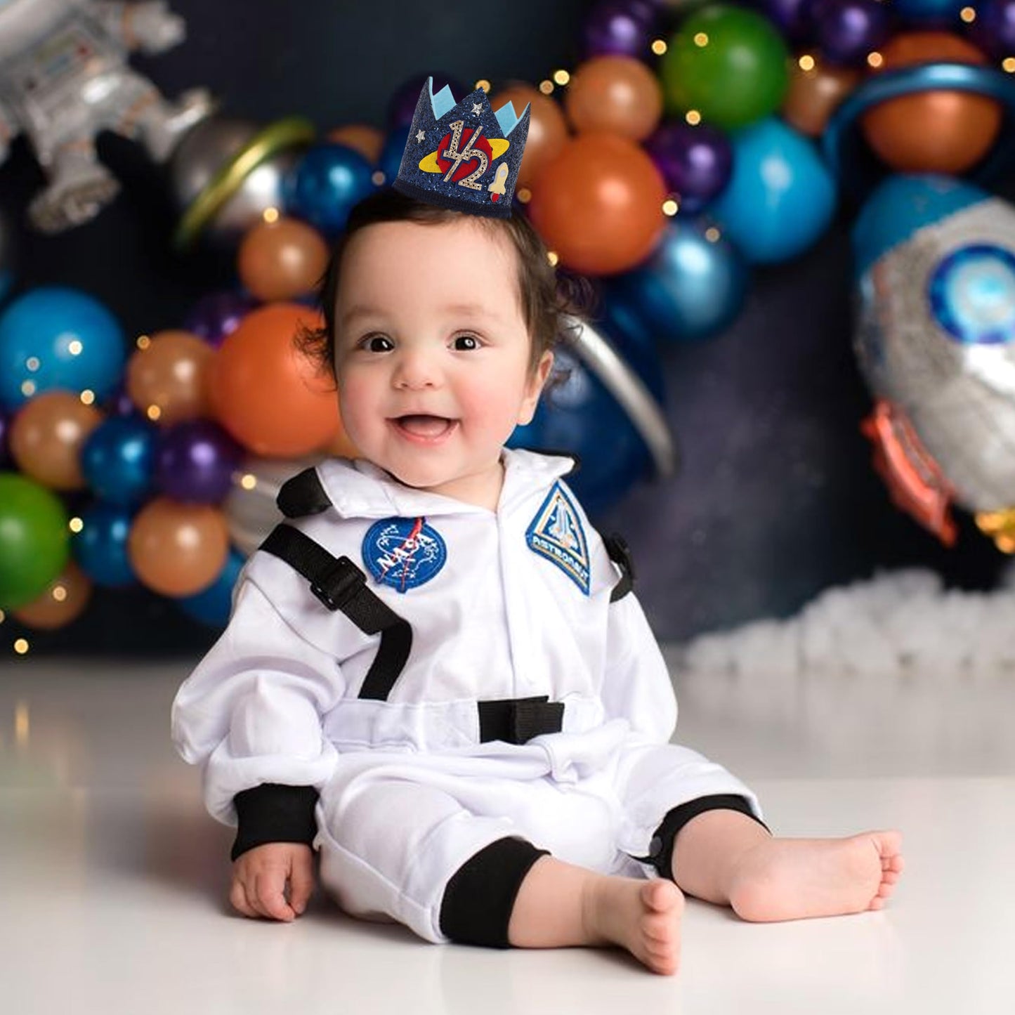 LINGANA Outer Space 1/2 Birthday Crown - Planet Half Way to One Birthday Decorations,Dark Blue Glitter Space Party Crown,Little Astronaut 6 Month