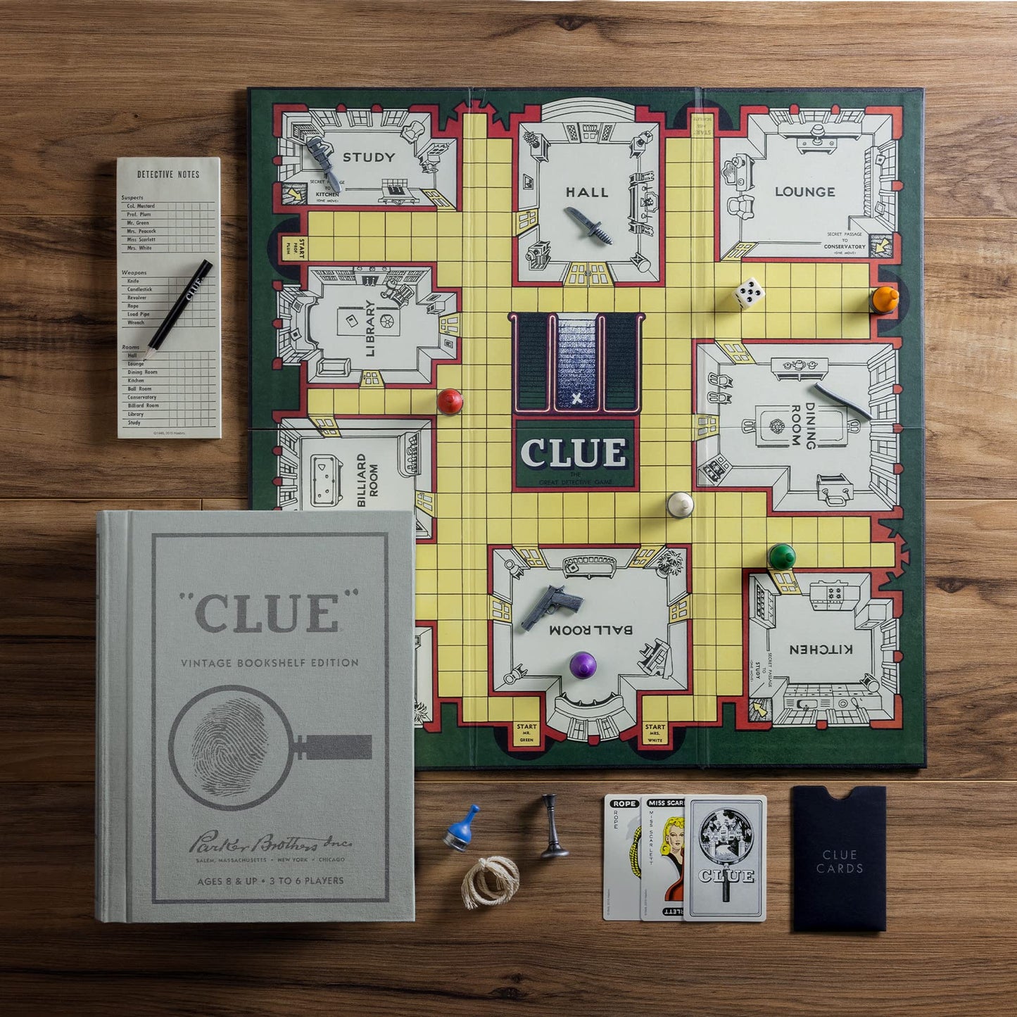 WS Game Company Clue Vintage Bookshelf Edition - Classic Murder Mystery Board Game in Linen-Wrapped Book Case with Retro 1949 Design, for Kids, Adults