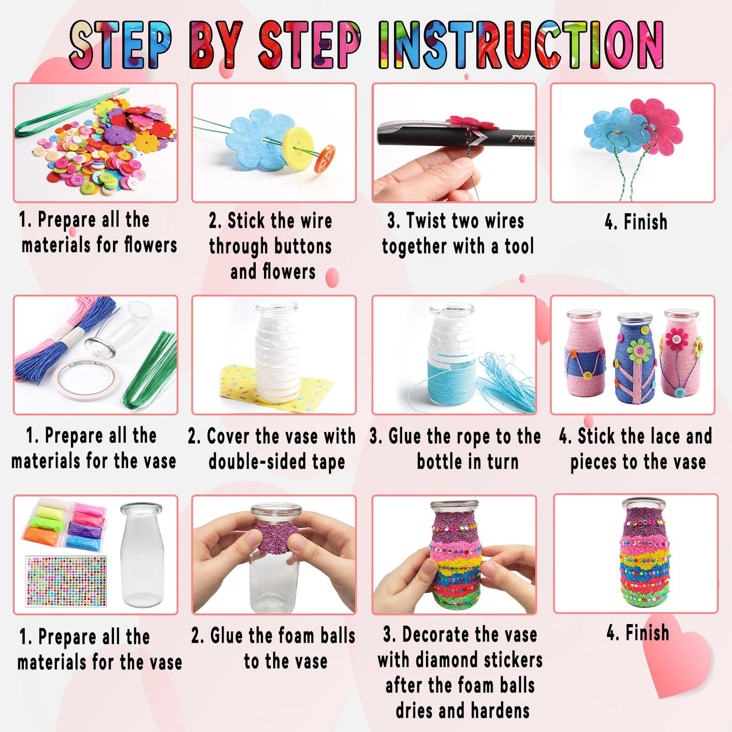 7july Crafts for Girls Ages 6-10 Make Your Own Flower Bouquet with Buttons and Felt Flowers, Vase Art and Craft for Children - DIY Activity Christmas