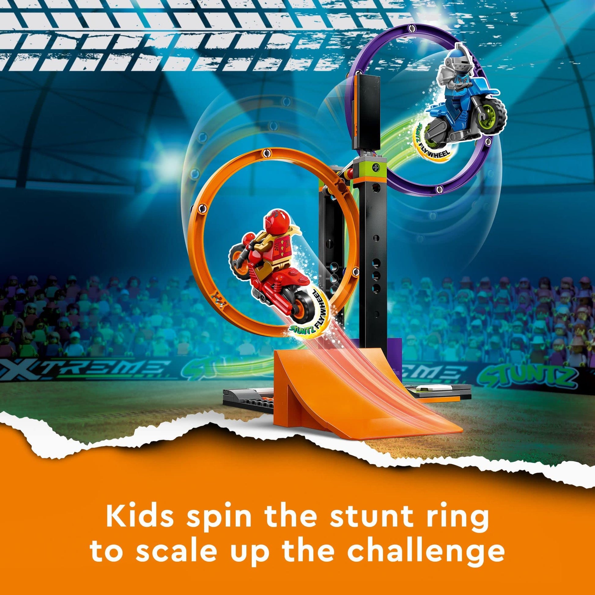 LEGO City Stuntz Spinning Stunt Challenge 60360-1 or 2 Player Tournaments with Flywheel-Powered Motorcycle Toys, Features 2 Minifigures and Ramps, Fun