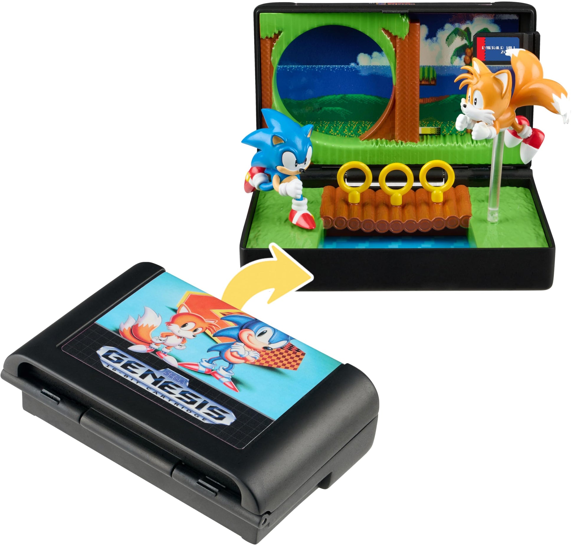 Console Heroes Sonic the Hedgehog 2 Collectible Diorama Playset - Mini Sonic & Tails Figures with Emerald Hill Zone Scene - Retro SEGA Genesis