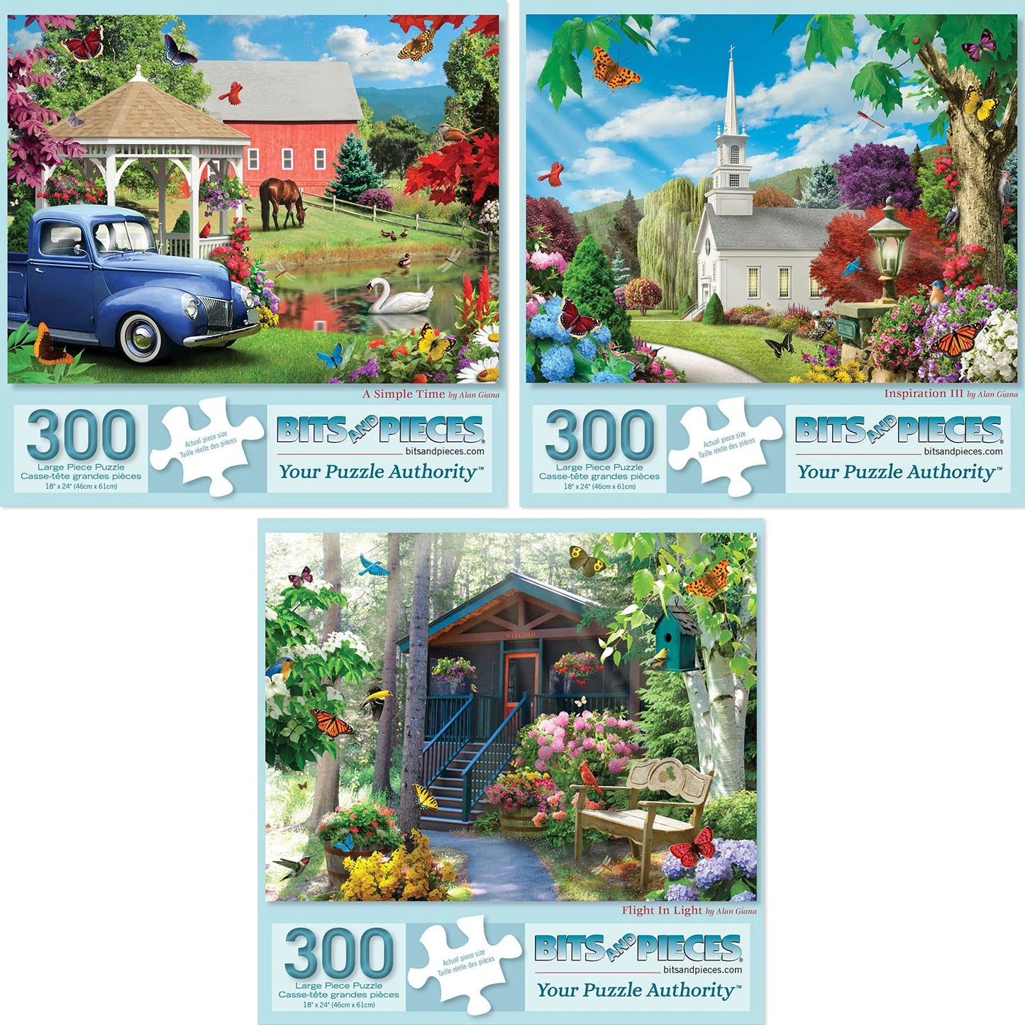 Bits and Pieces 3 Jigsaw Puzzle Set - 300 Piece Puzzles for Adults - Rustic America Set - 18" x 24" Jigsaw Puzzles - Chruch Farm Cabin - Random Die