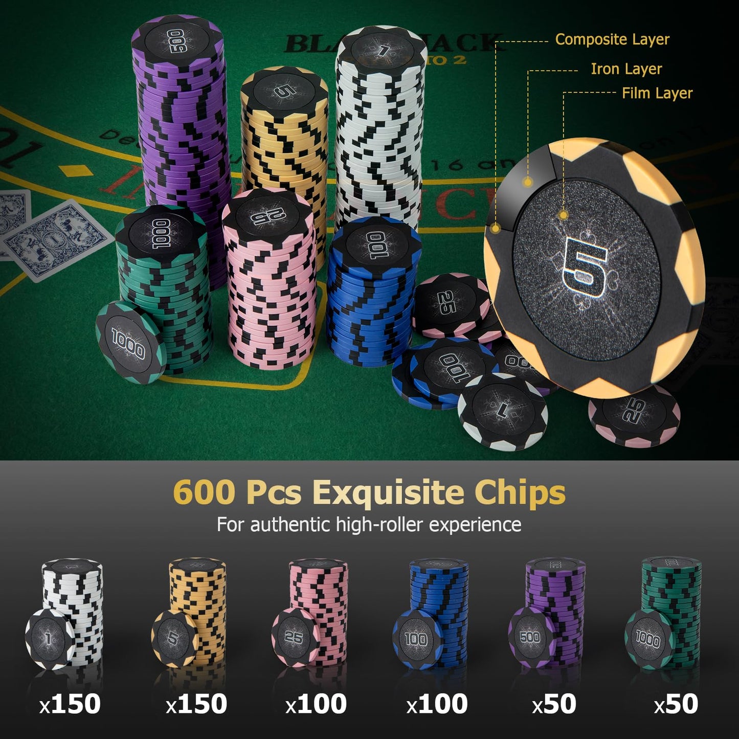Goplus Poker Chip Set, 600 PCS 14 Gram Clay Poker Chips w/Case, Automatic Card Shuffler, 6 Decks Cards, 5 Dices, Card Shoe, 3 Dealer Buttons, Poker