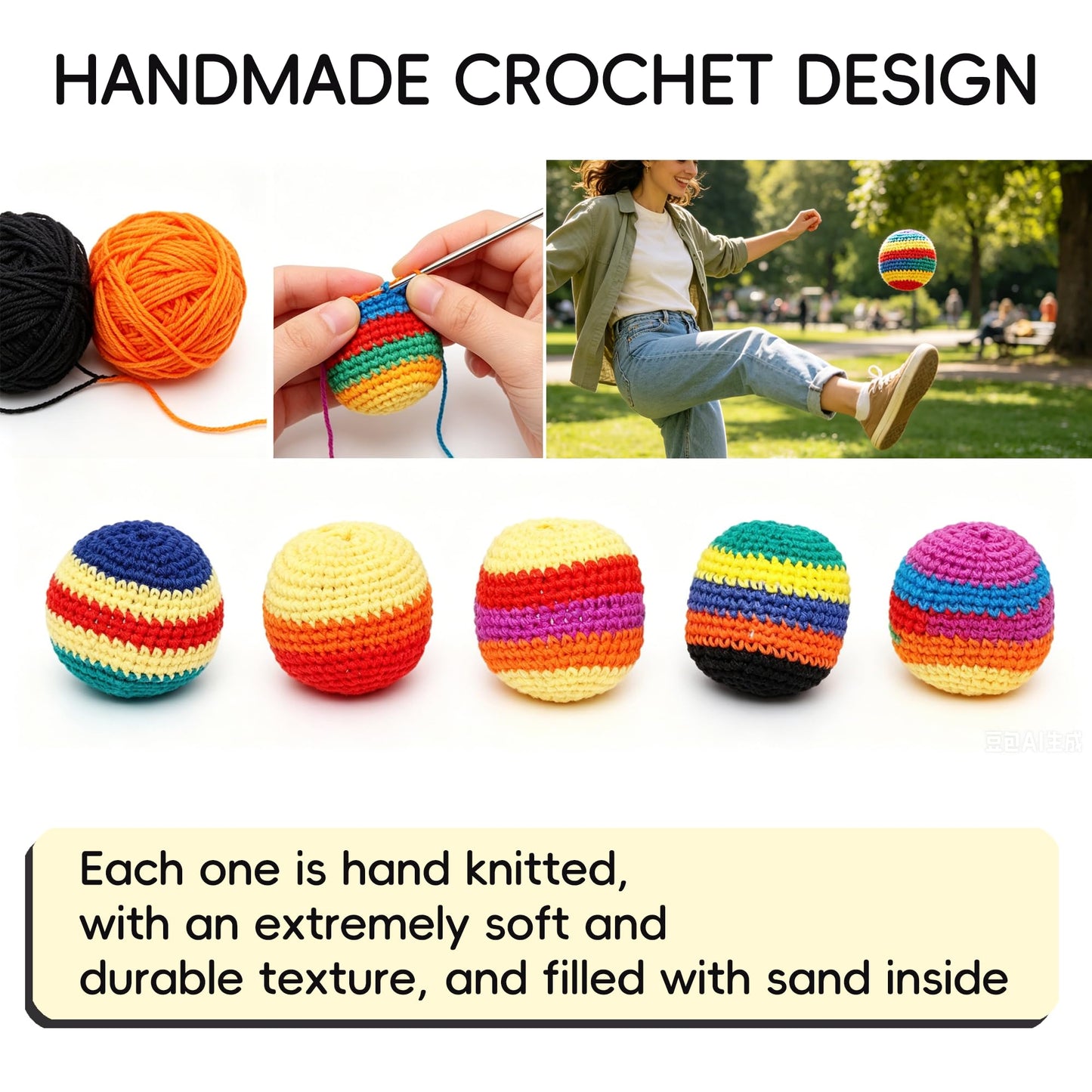 Krucsvaom 6 Pack Footbag Set - Handmade Crochet Kick Sack Balls for Adults & Beginners, Colorful Juggling Footbags, Pellet Filled Balance Toy