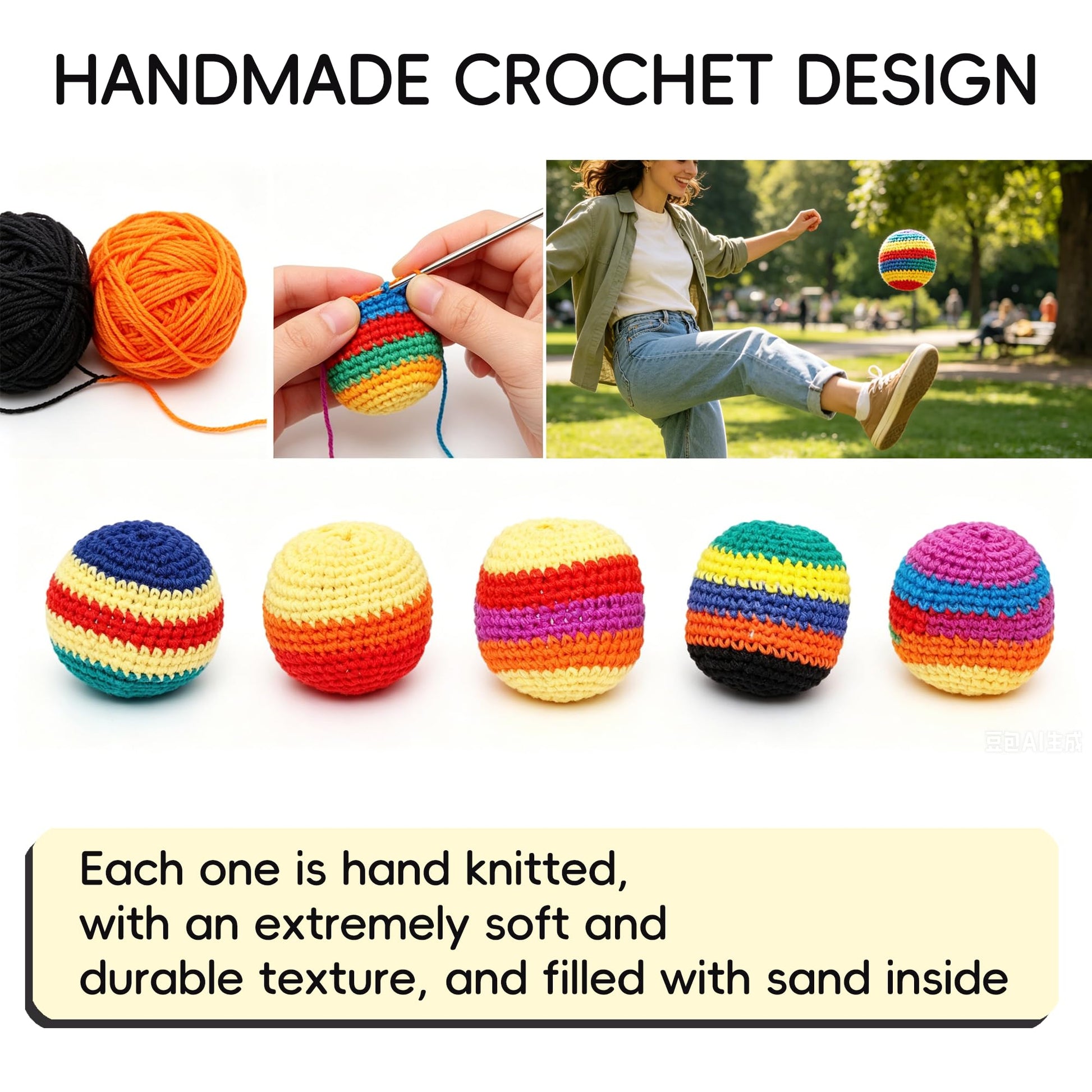 Krucsvaom 6 Pack Footbag Set - Handmade Crochet Kick Sack Balls for Adults & Beginners, Colorful Juggling Footbags, Pellet Filled Balance Toy