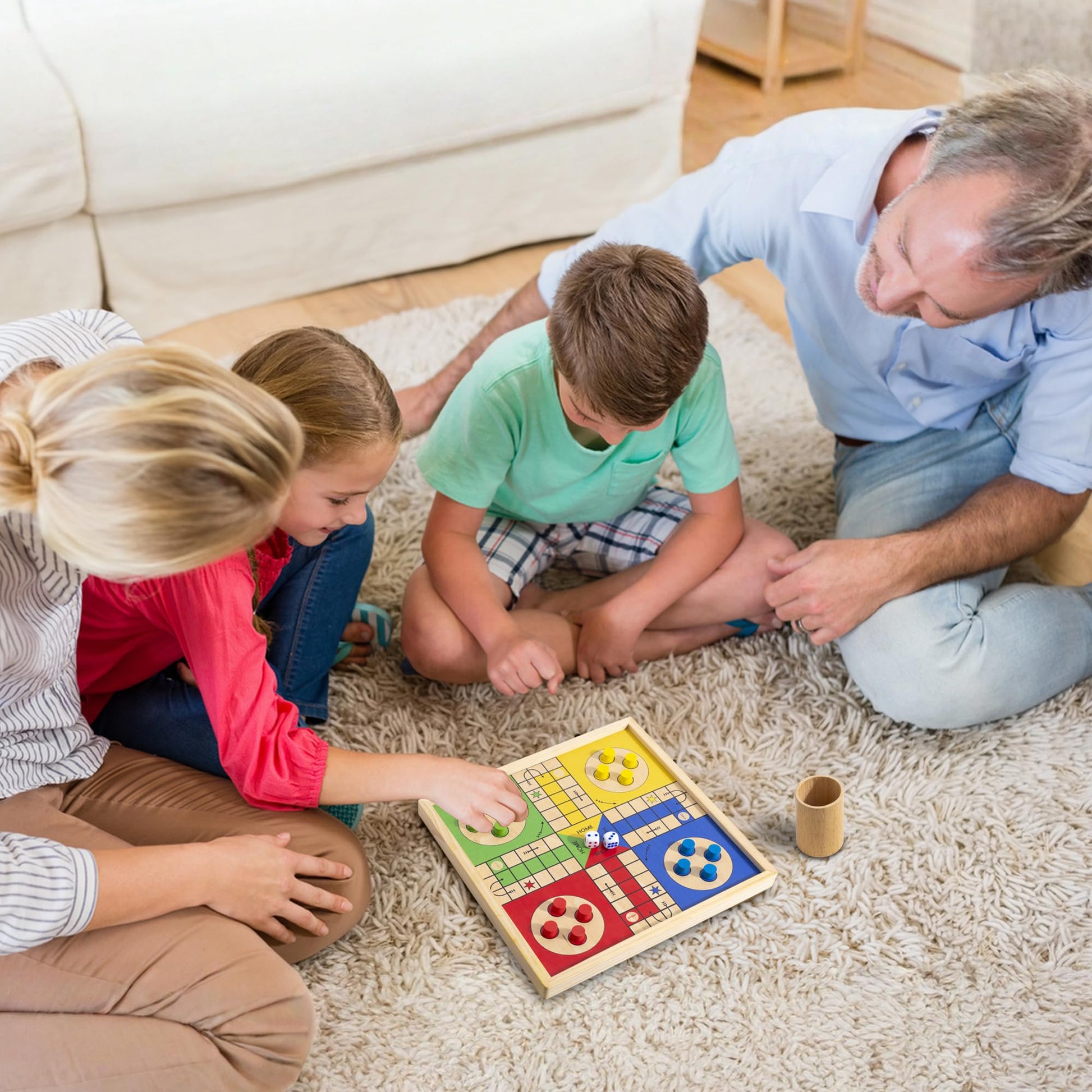 12 Inch Wooden Ludo Board Game & Snakes and Ladders 2-in-1 Reversible Classic Board Game for Kids and Adults, Includes 1 Parcheesi Board, 2 Dice, 1