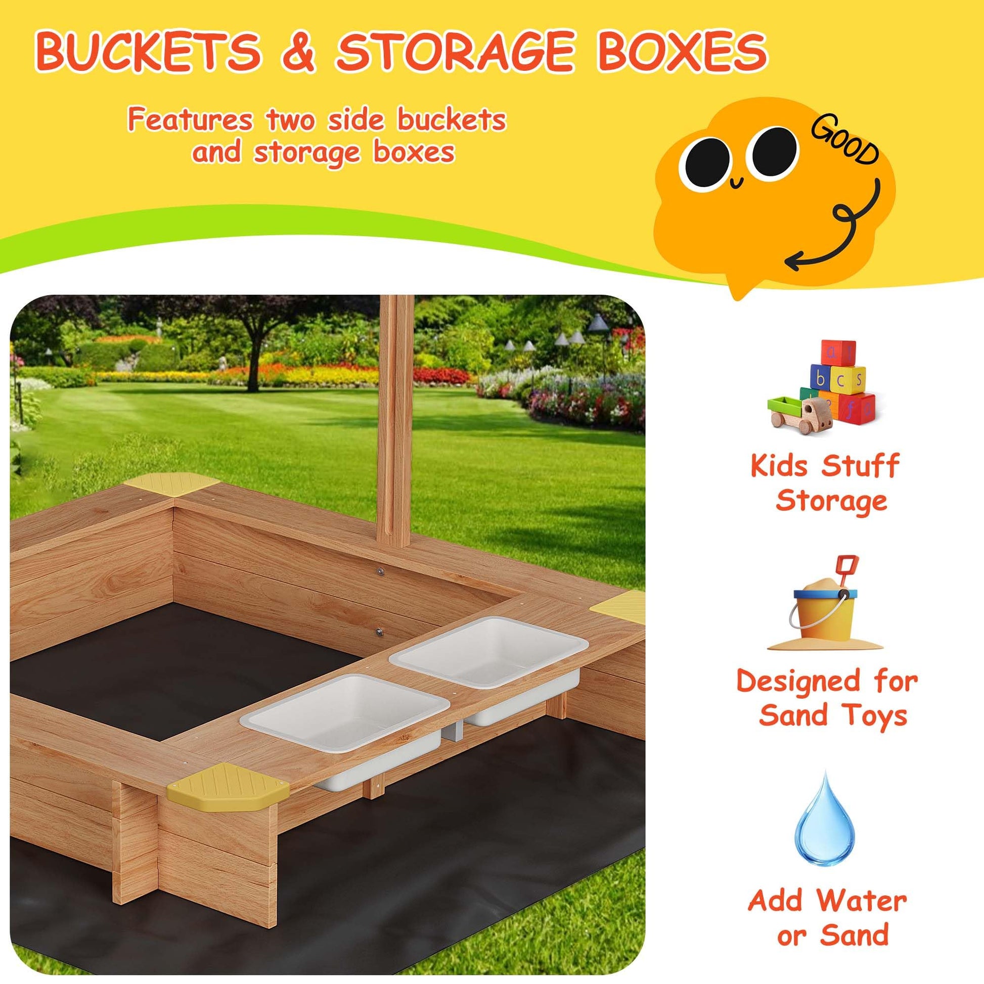 Wooden Sandbox with Cover/Lid & Retractable Canopy, 2 Side Buckets & Drainage Liner - Weather-Resistant Outdoor Sand Box for Kids/Toddler/Childrens