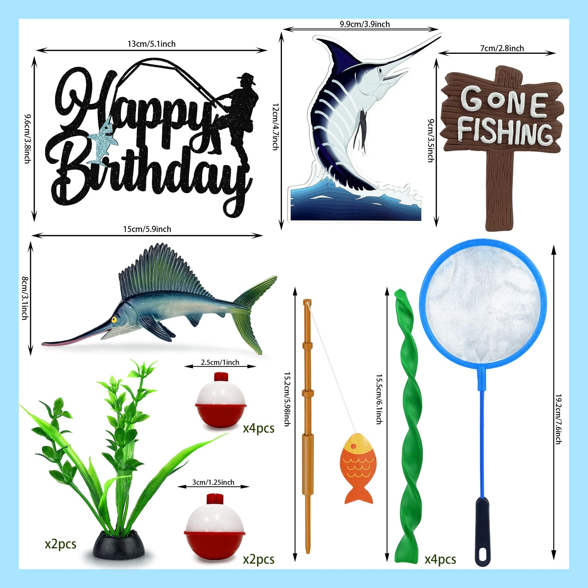 18 PCS Gone Fishing Cake Topper Decoration for Fisherman Themed Birthday Retirement Party Supplies