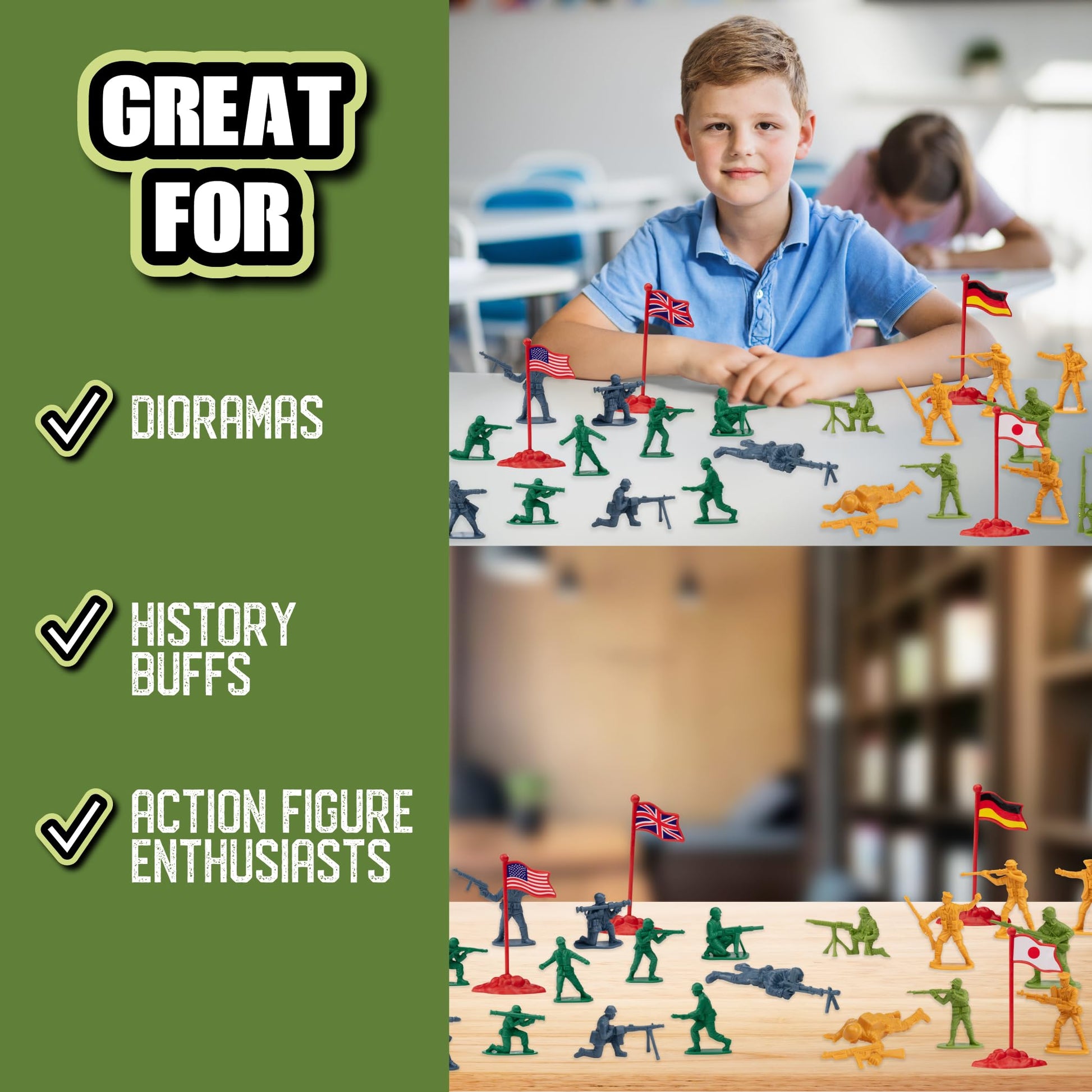 World War II Army Men Toy Action Figure Playset- 200pc Including Soldiers & Flags from The US, Great Britain, Germany & Japan Posed in Realistic