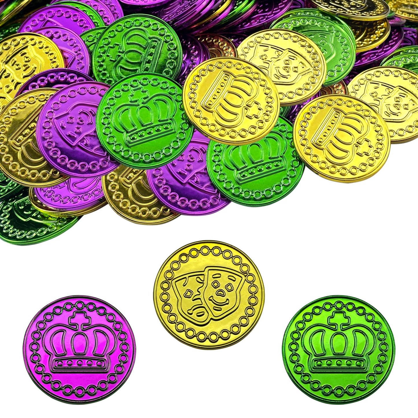 Mardi Gras Coins 144 PCS Assorted Green Purple Gold Mardi Gras Plastic Coins Set for Mardi Gras Theme Props Parade Table Decoration & Party Favors