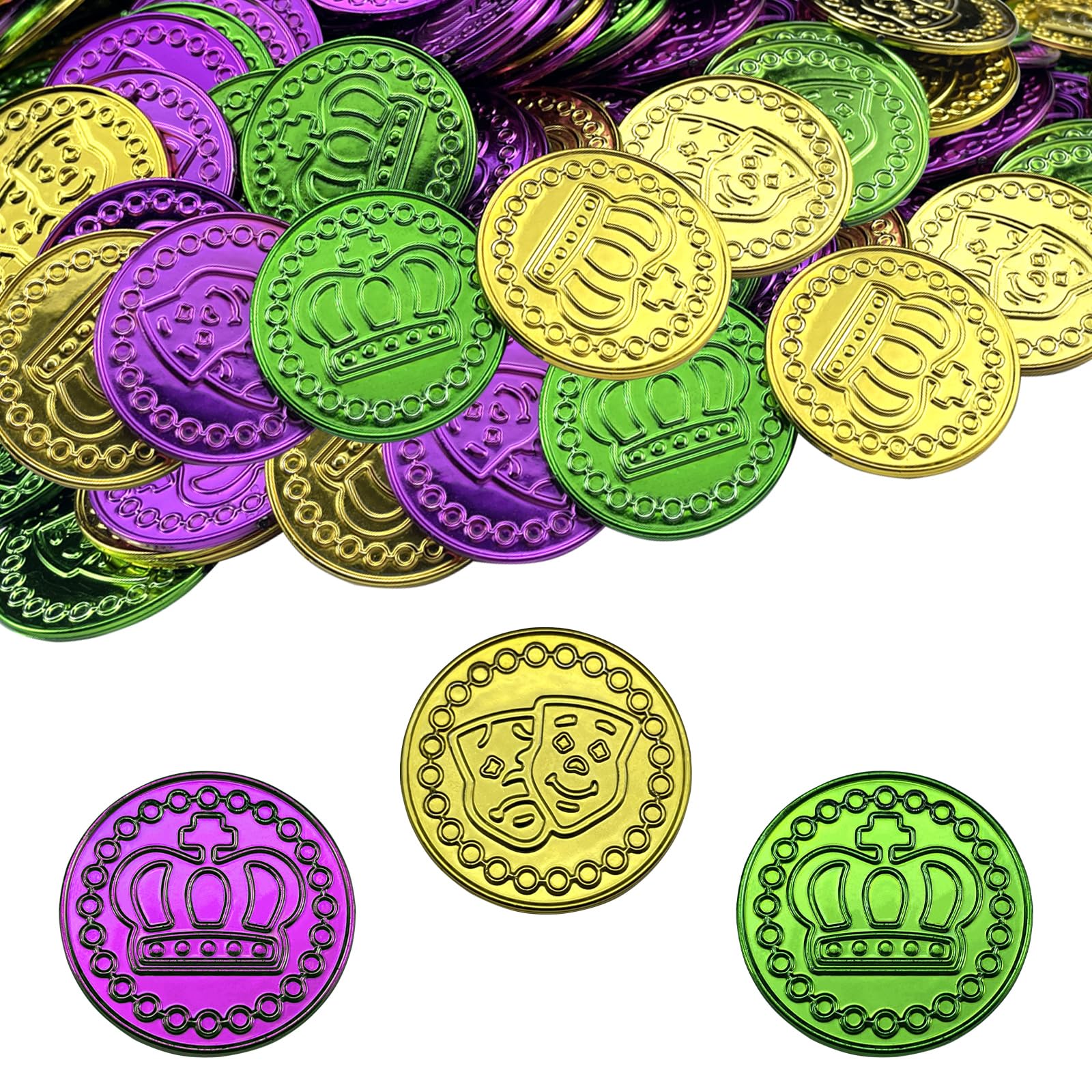 Mardi Gras Coins 144 PCS Assorted Green Purple Gold Mardi Gras Plastic Coins Set for Mardi Gras Theme Props Parade Table Decoration & Party Favors