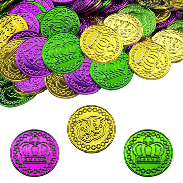 Mardi Gras Coins 144 PCS Assorted Green Purple Gold Mardi Gras Plastic Coins Set for Mardi Gras Theme Props Parade Table Decoration & Party Favors
