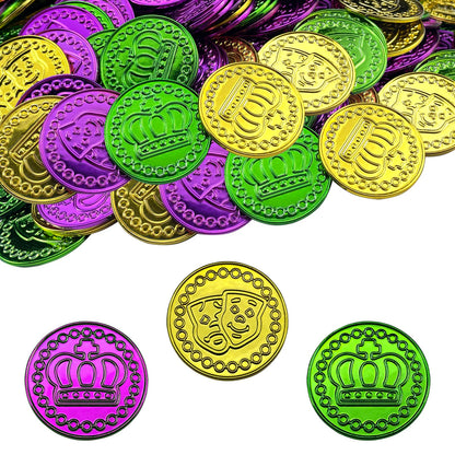 Mardi Gras Coins 144 PCS Assorted Green Purple Gold Mardi Gras Plastic Coins Set for Mardi Gras Theme Props Parade Table Decoration & Party Favors