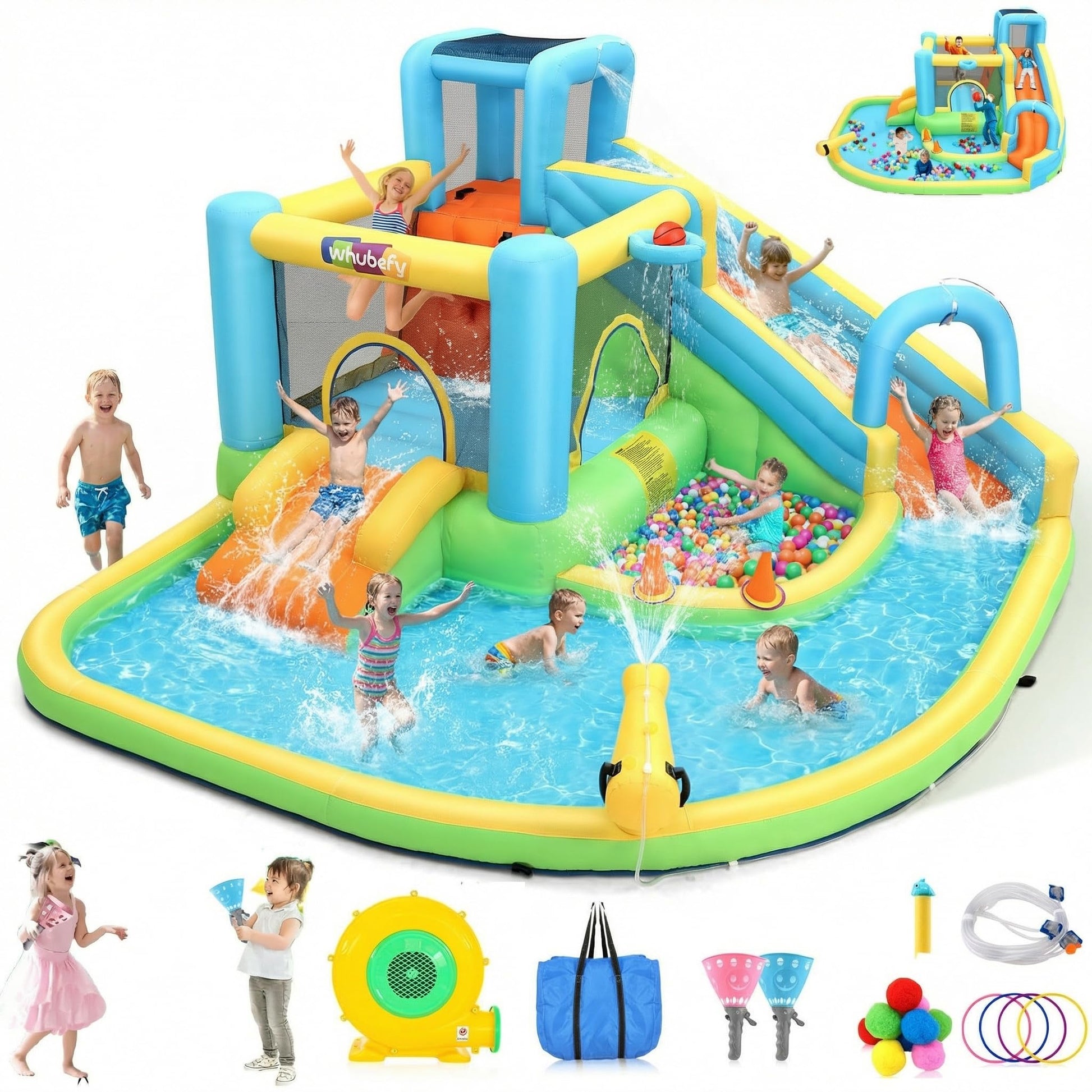 12-in-1 Inflatable Water Slide Bounce House for Big Kids, Waterslide Backyard 14.1x12Ft Waterpark with Jump Area/Catch Ball/Toss Rings, PVC Water