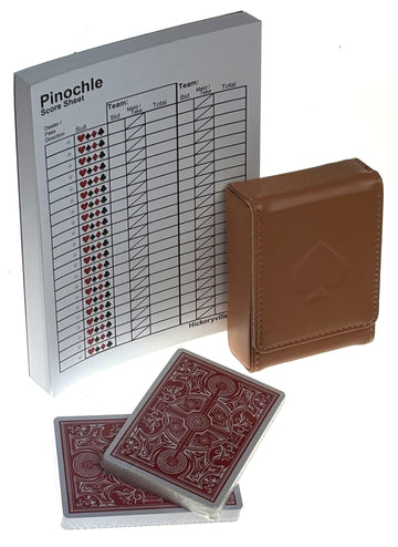 Hickoryville Pinochle Card Game Set with Score Pad, Playing Cards & Leather Case | Complete Pinochle Kit with 48-Card Deck, 100-Sheet Score Sheets